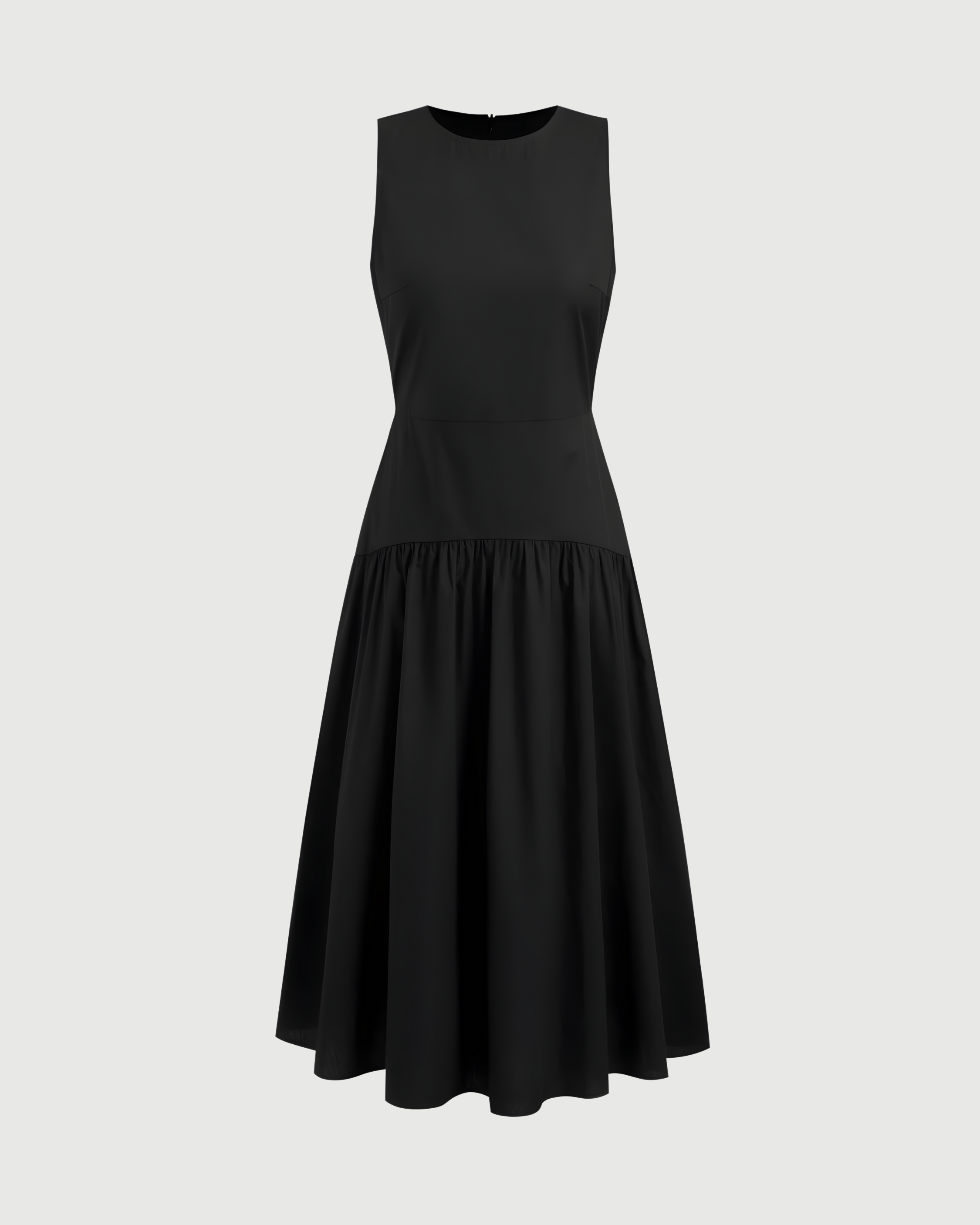 Cotton Ruffle Maxi Dress with Round Neckline - Black