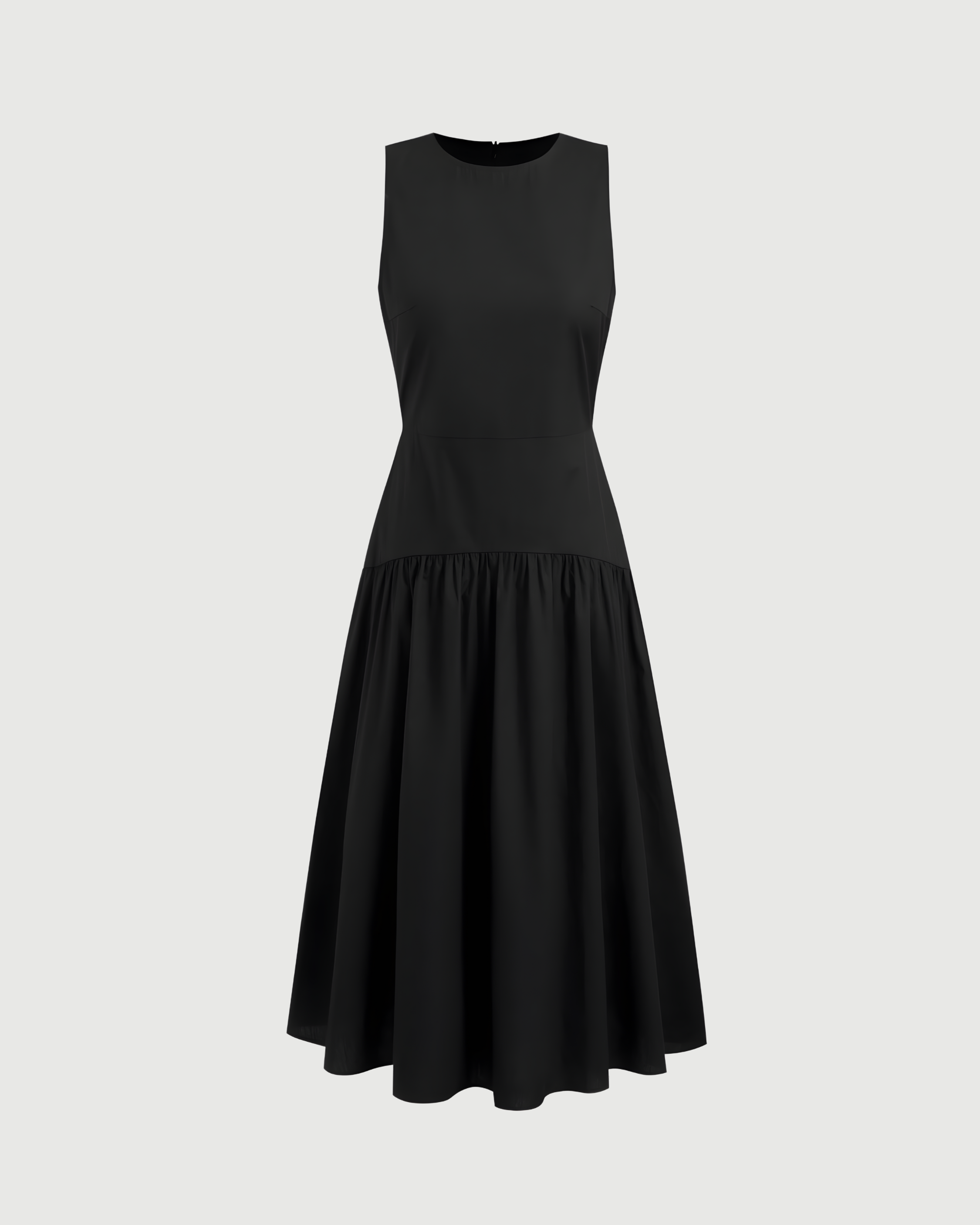 Cotton Ruffle Maxi Dress with Round Neckline - Black
