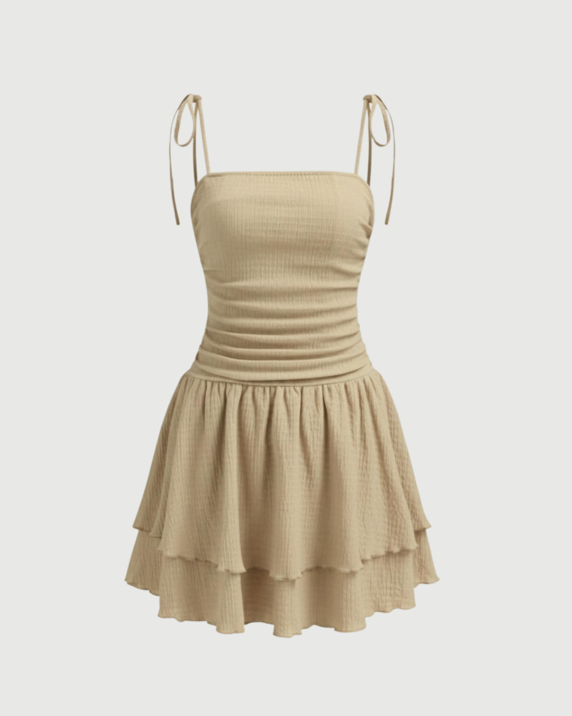 Ruched Knotted Mini Dress with Square Neckline-Beige