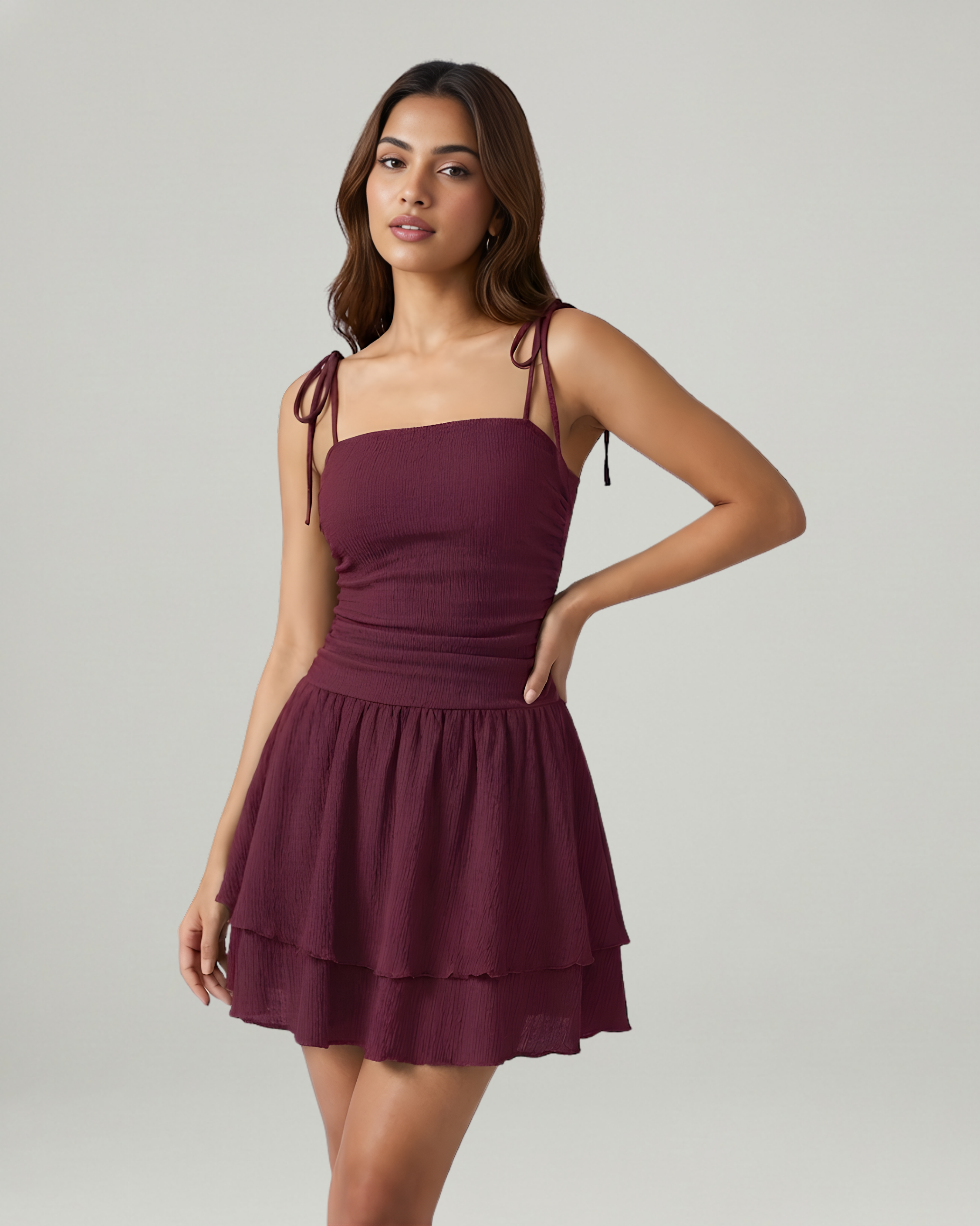 Ruched Knotted Mini Dress with Square Neckline-Maroon