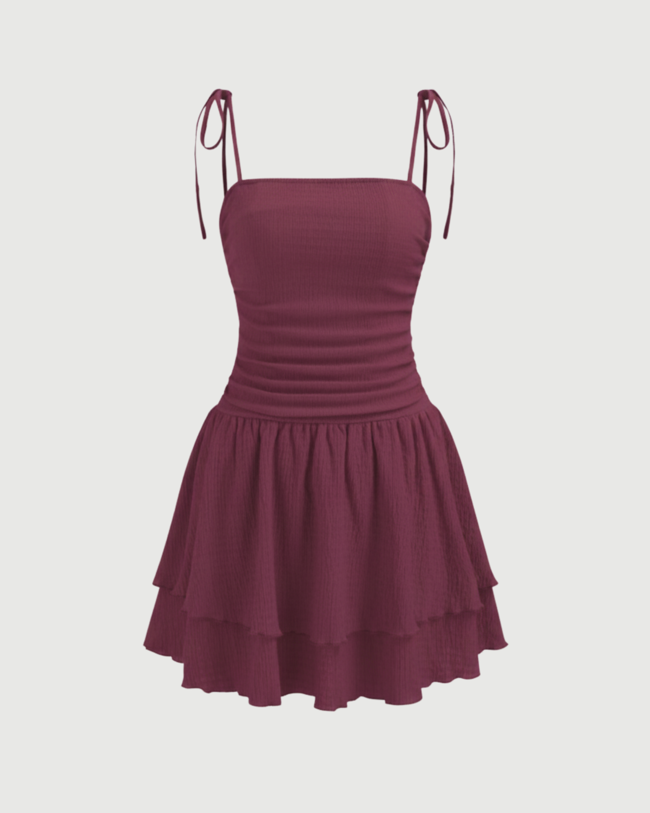 Ruched Knotted Mini Dress with Square Neckline-Maroon