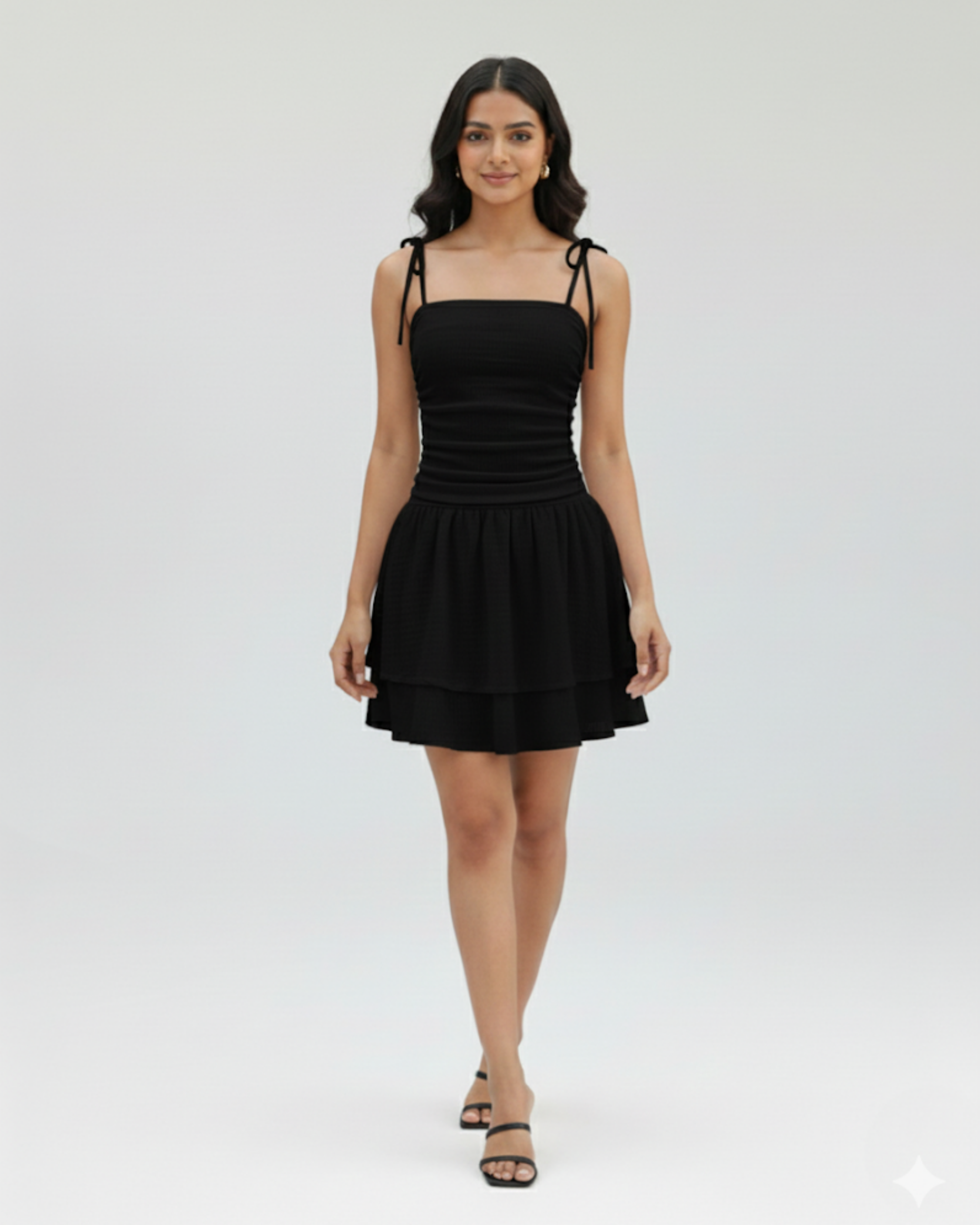 Ruched Knotted Mini Dress with Square Neckline -Black