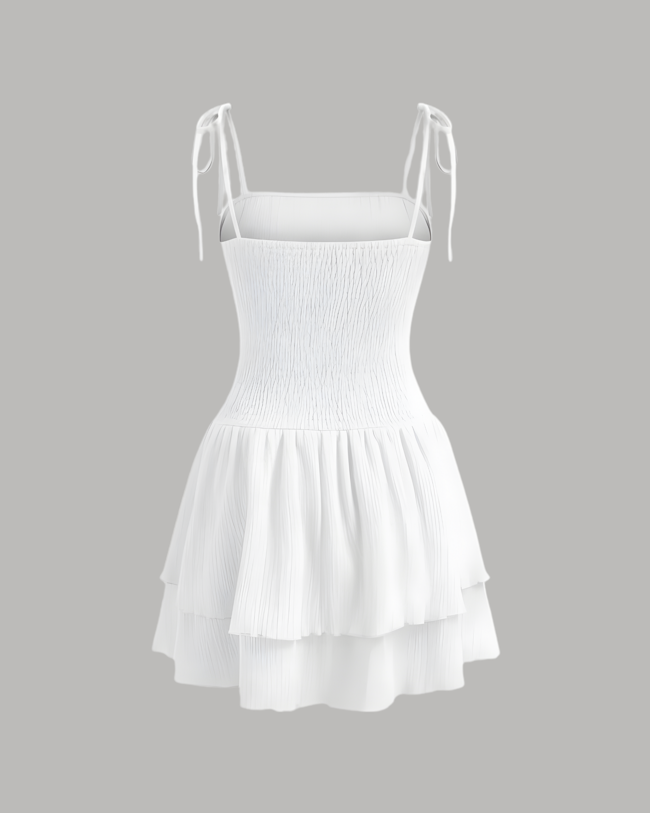 Ruched Knotted Mini Dress with Square Neckline - White