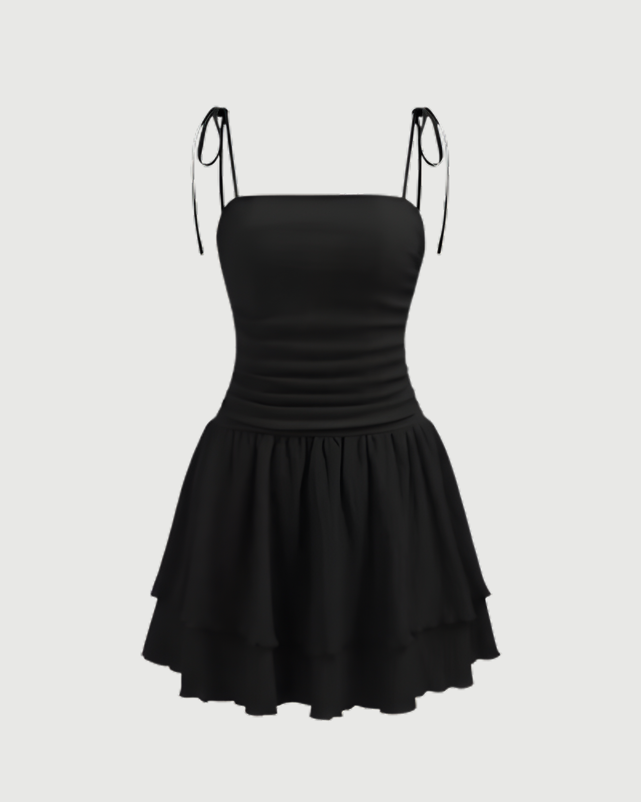 Ruched Knotted Mini Dress with Square Neckline -Black