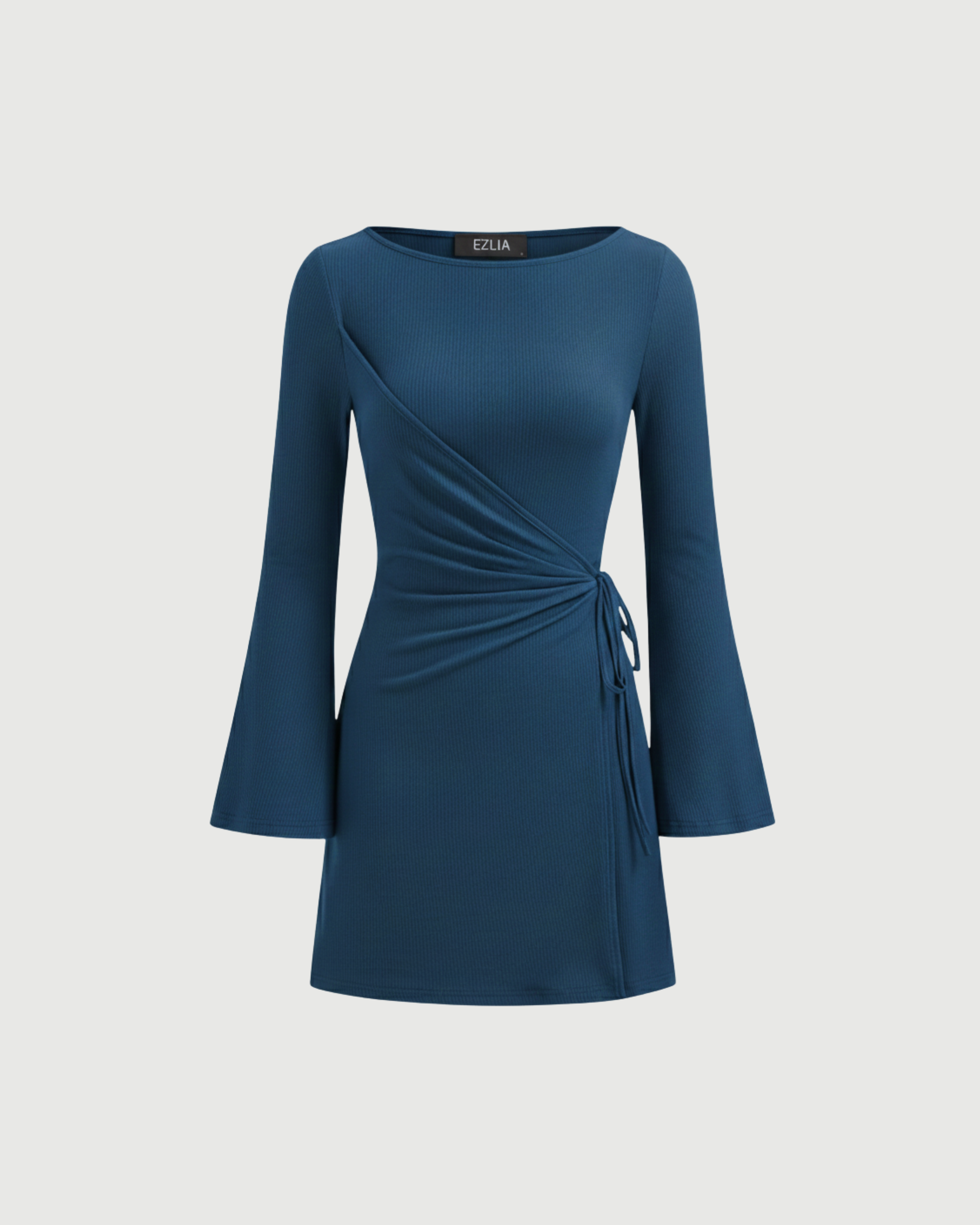 Wrap-Style Ruched Mini Dress with Bell Sleeves-Blue