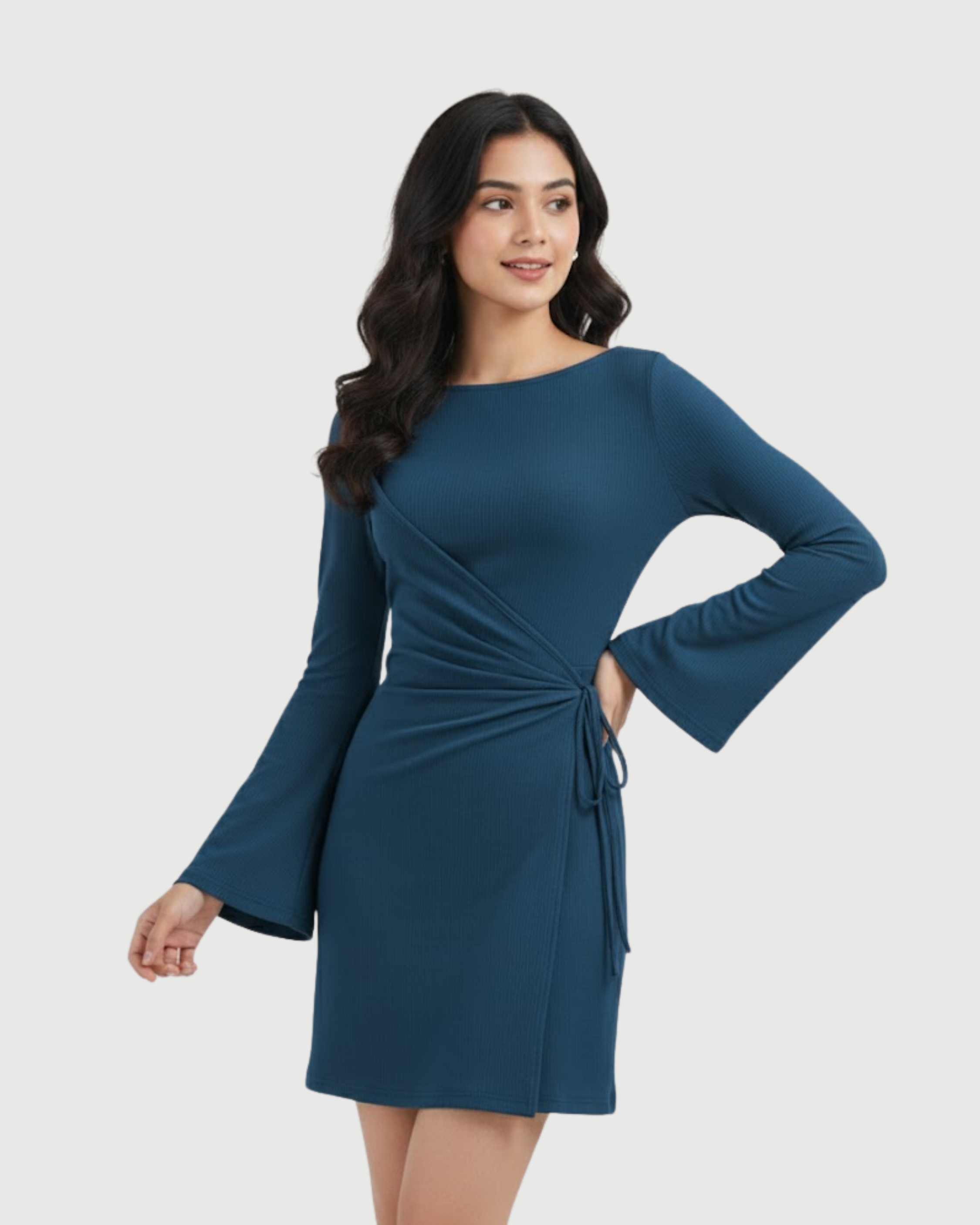 Wrap-Style Ruched Mini Dress with Bell Sleeves-Blue