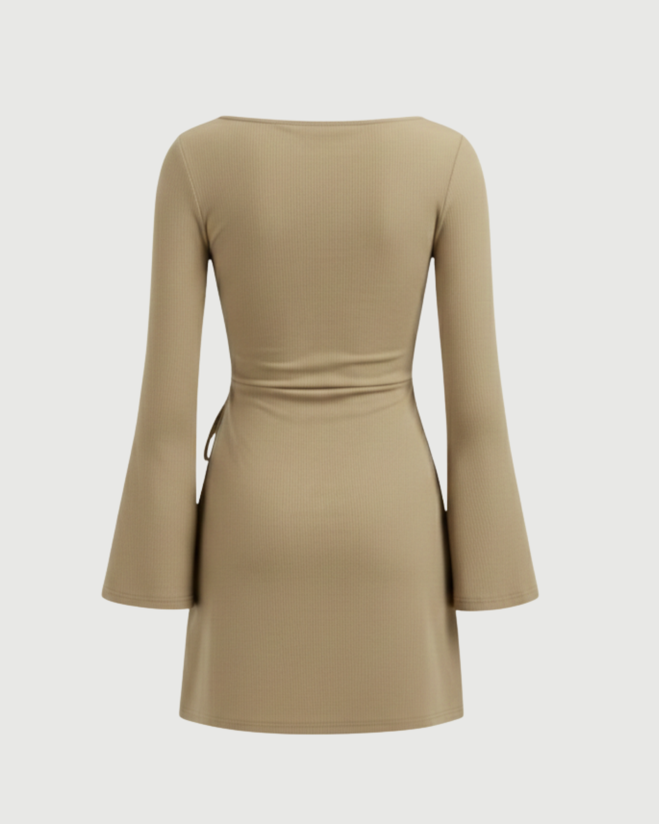 Wrap-Style Ruched Mini Dress with Bell Sleeves-Beige