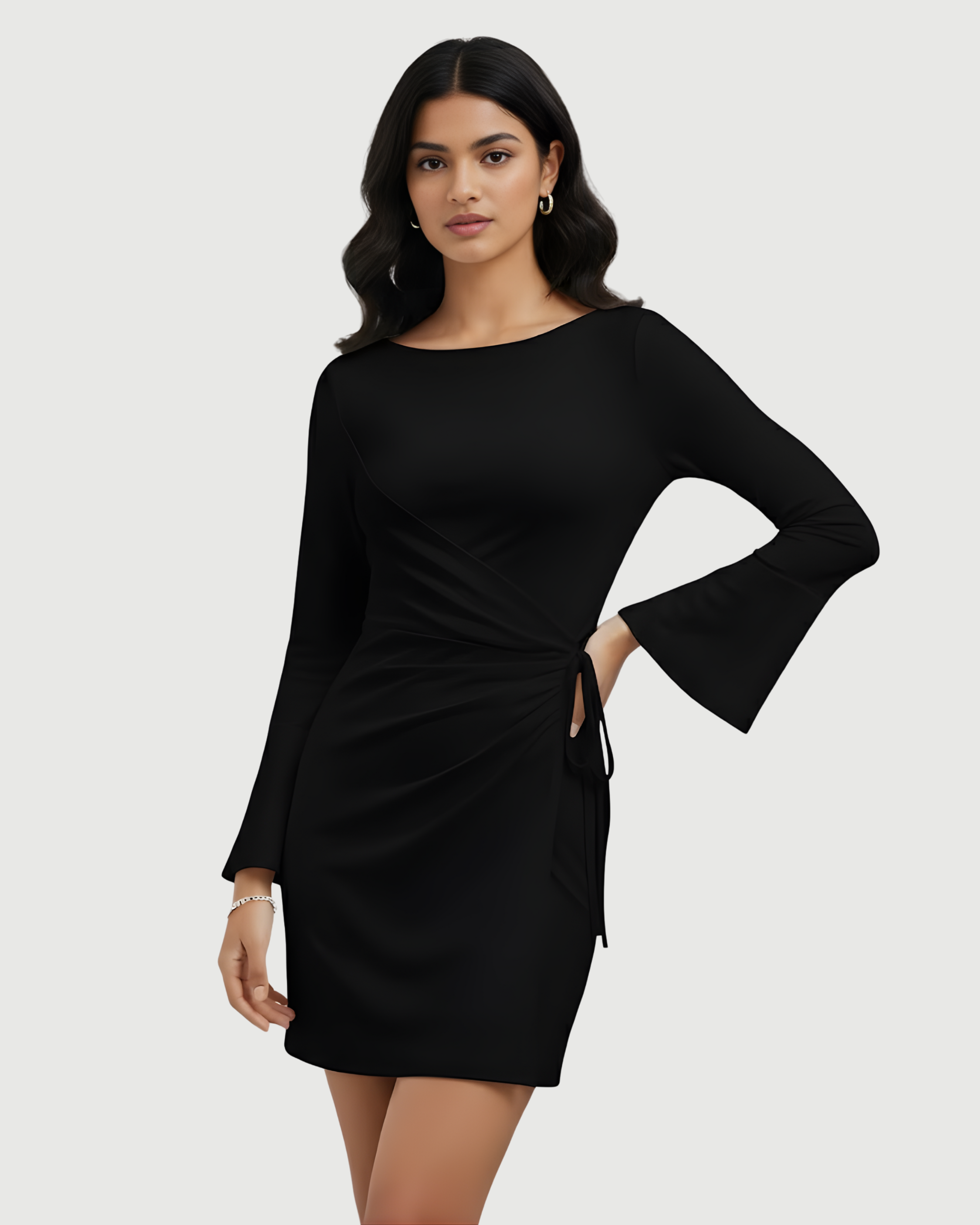 Wrap-Style Ruched Mini Dress with Bell Sleeves - Black