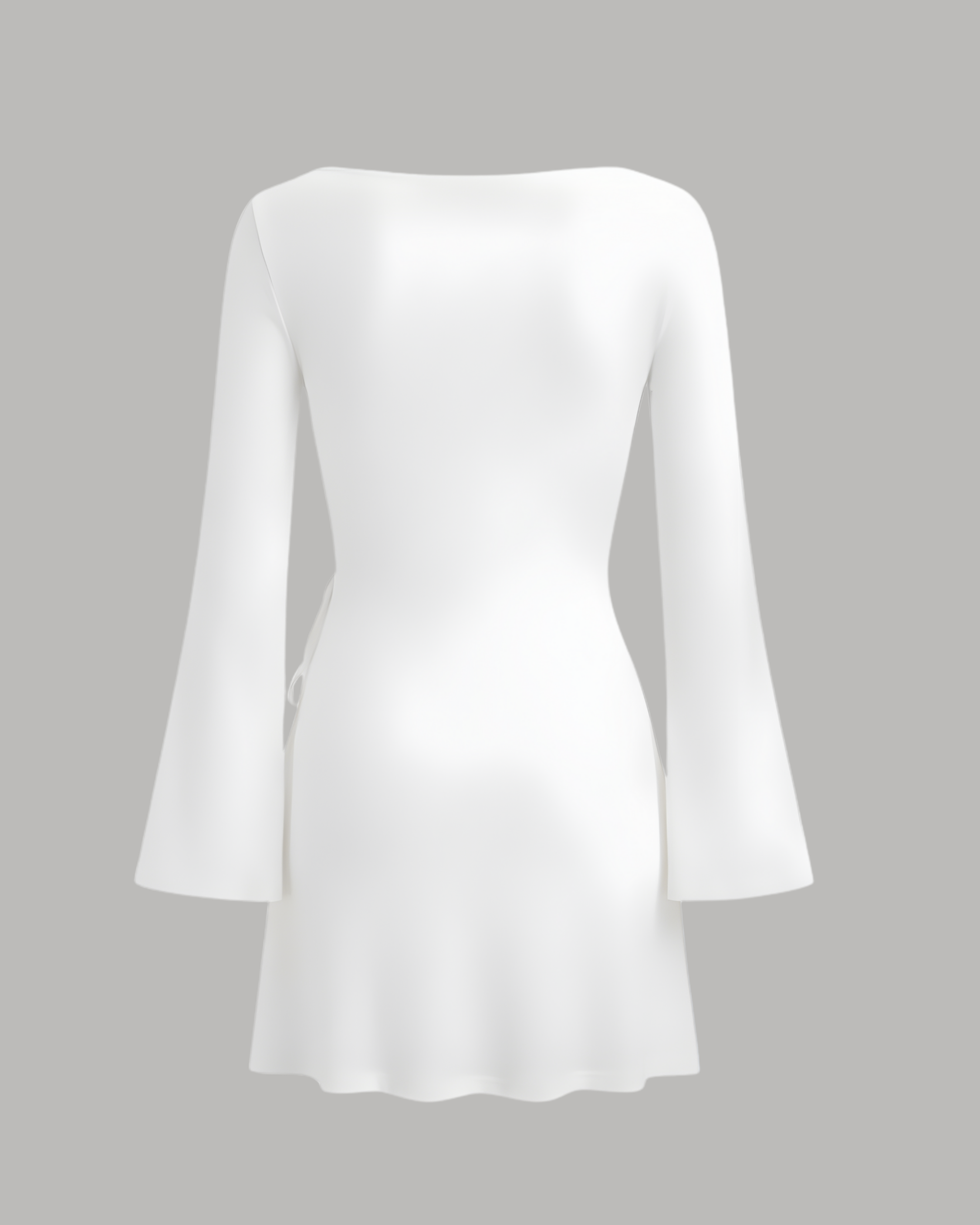 Wrap-Style Ruched Mini Dress with Bell Sleeves - White