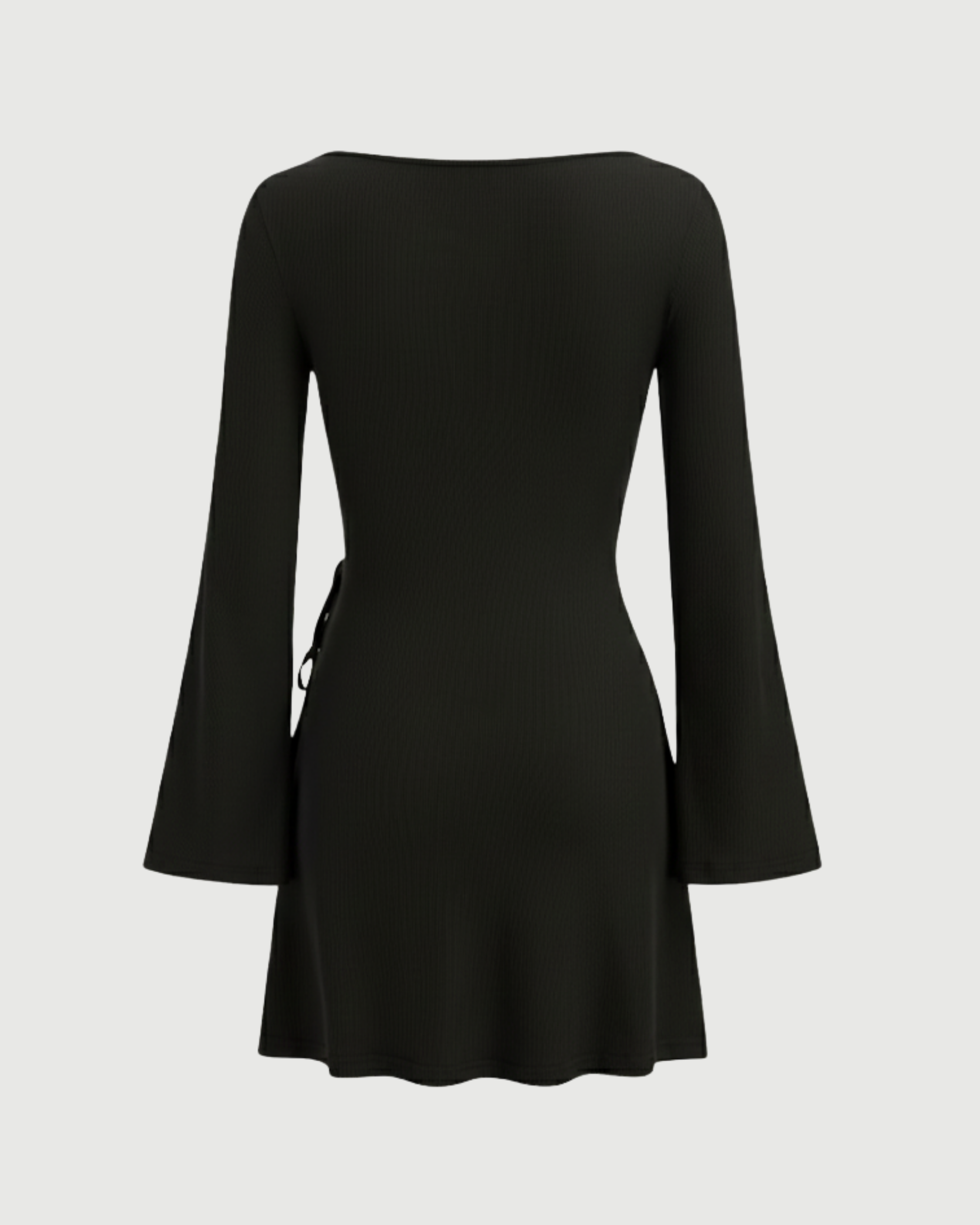 Wrap-Style Ruched Mini Dress with Bell Sleeves - Black