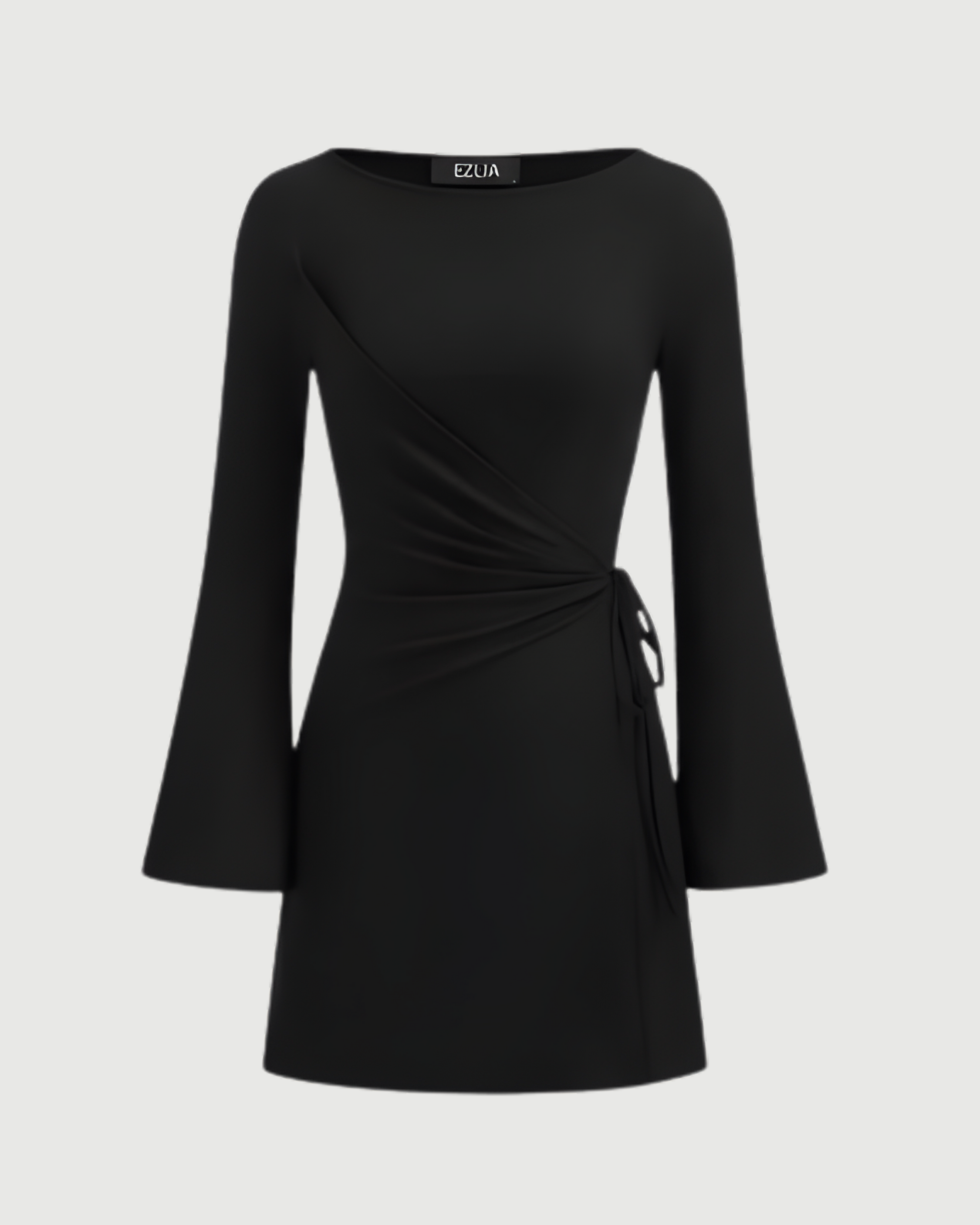Wrap-Style Ruched Mini Dress with Bell Sleeves - Black