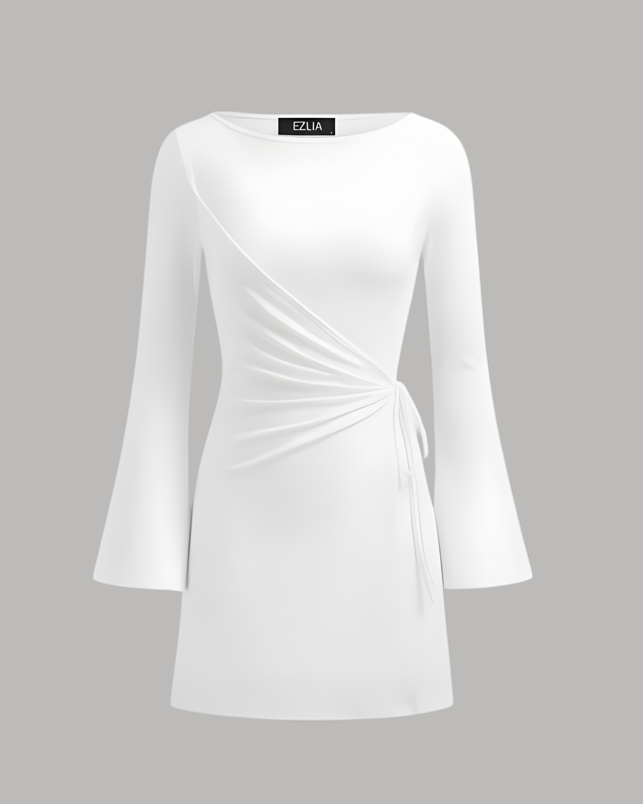 Wrap-Style Ruched Mini Dress with Bell Sleeves - White