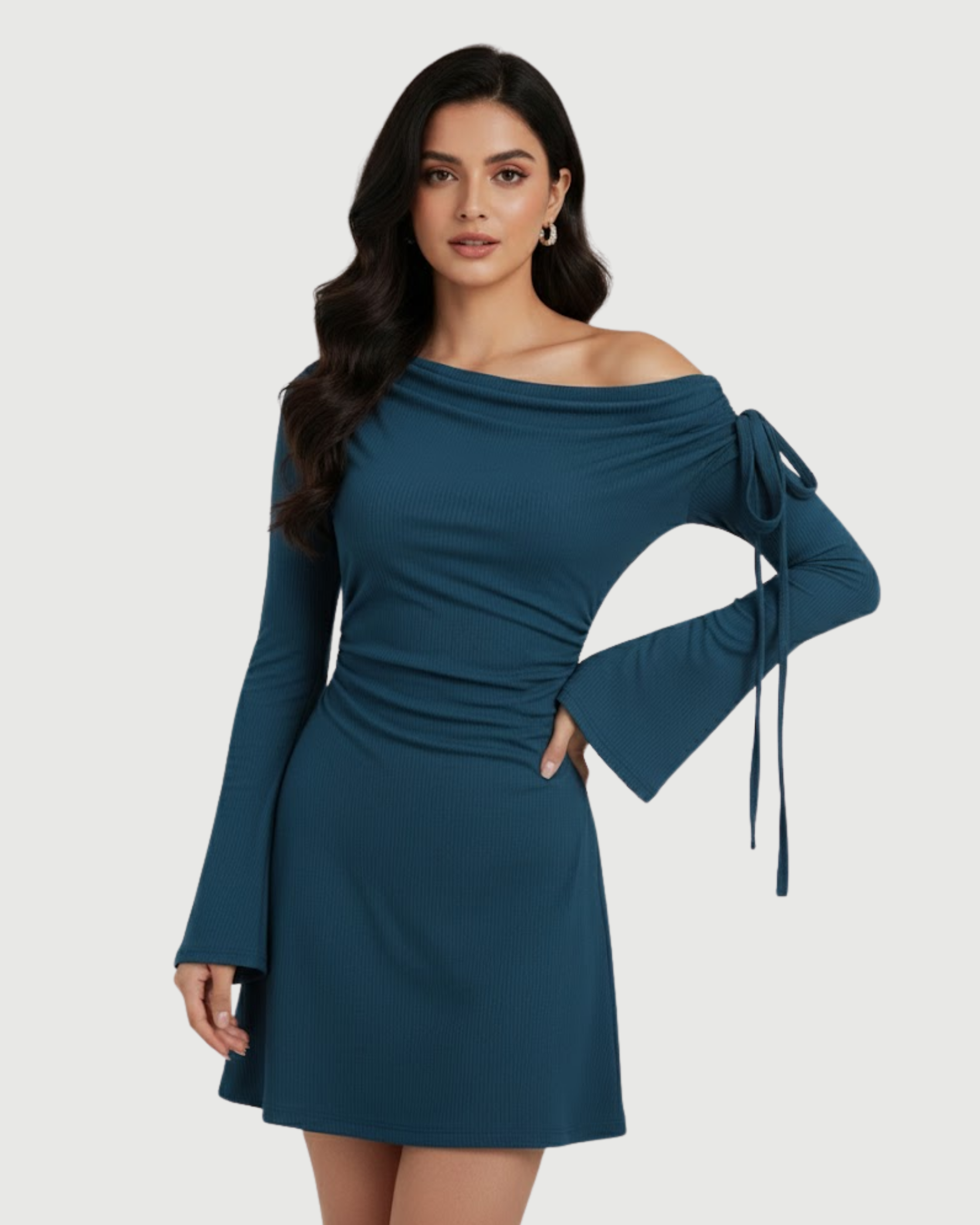 Asymmetrical Ruched Mini Dress with Knot Detail-Blue