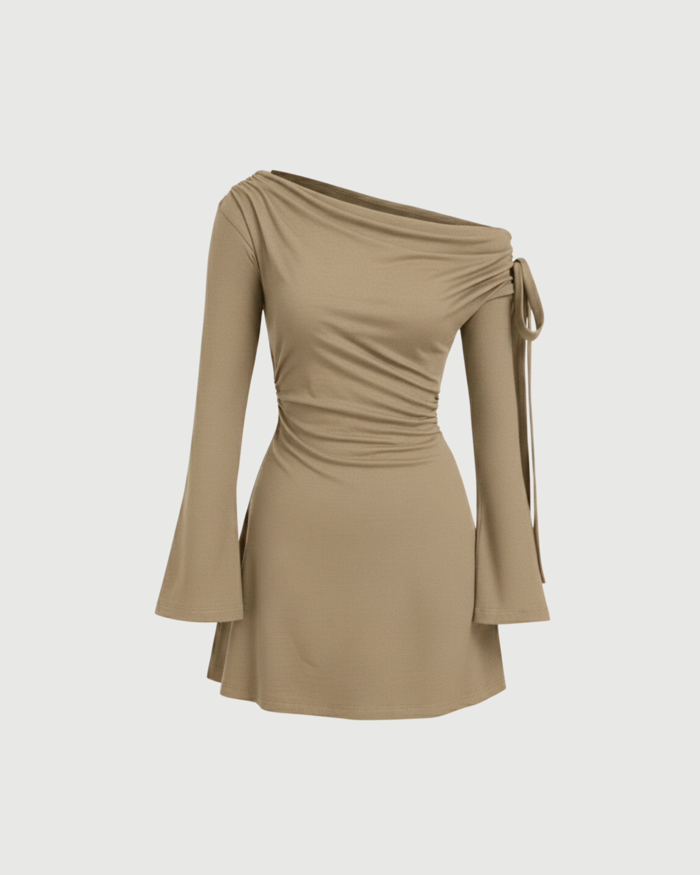 Asymmetrical Ruched Mini Dress with Knot Detail-Cream