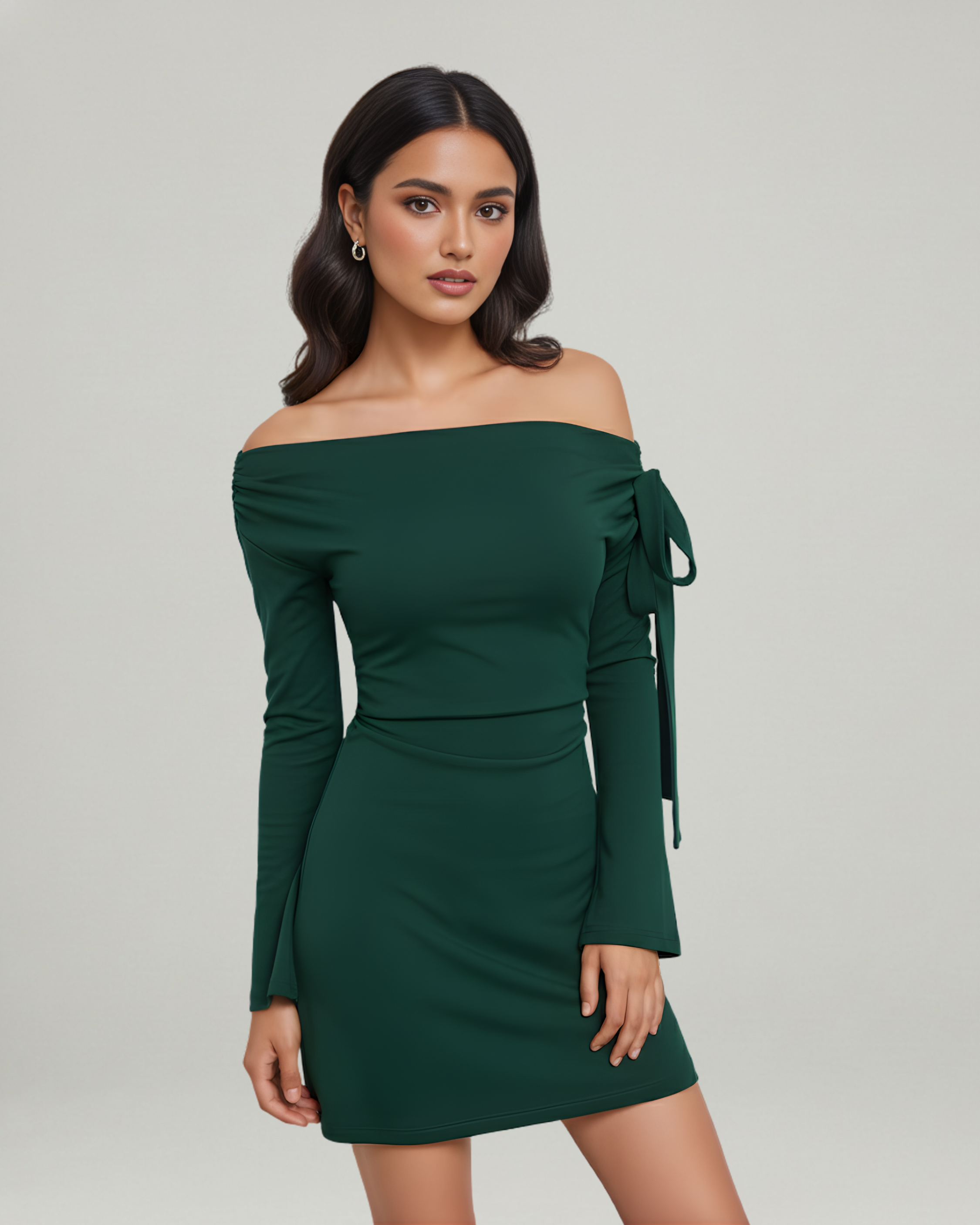 Asymmetrical Ruched Mini Dress with Knot Detail-Dark Green