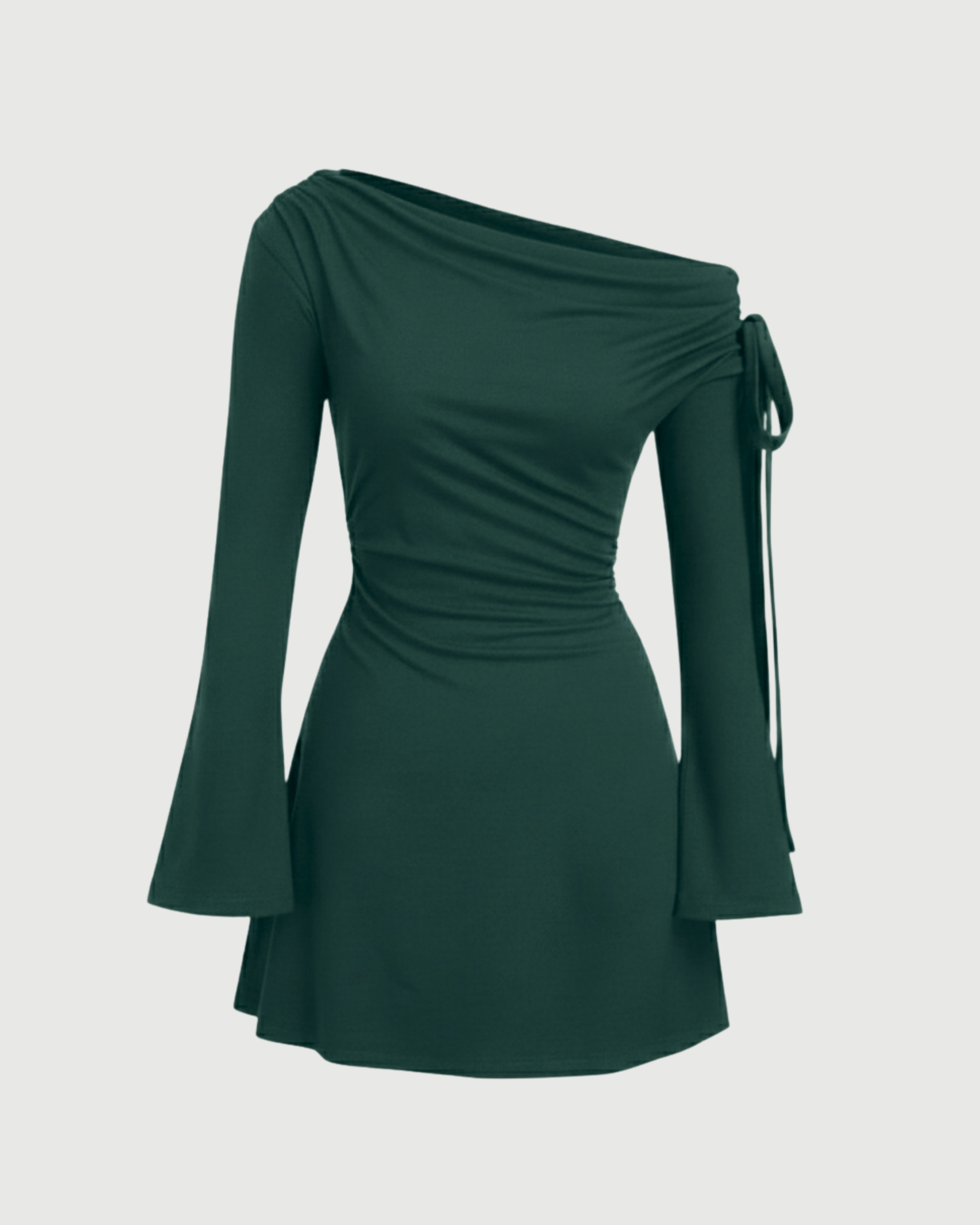 Asymmetrical Ruched Mini Dress with Knot Detail-Dark Green