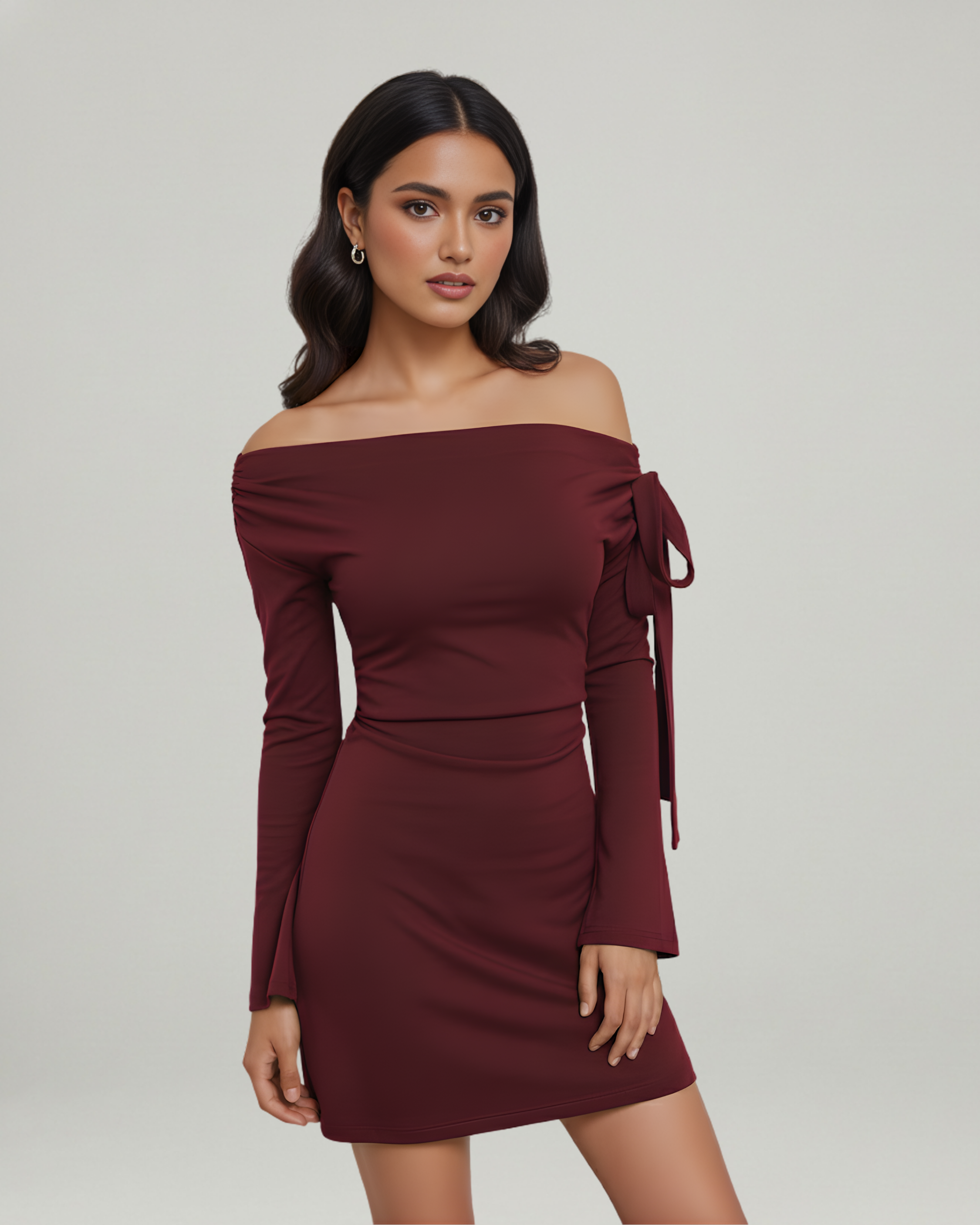 Asymmetrical Ruched Mini Dress with Knot Detail-Maroon
