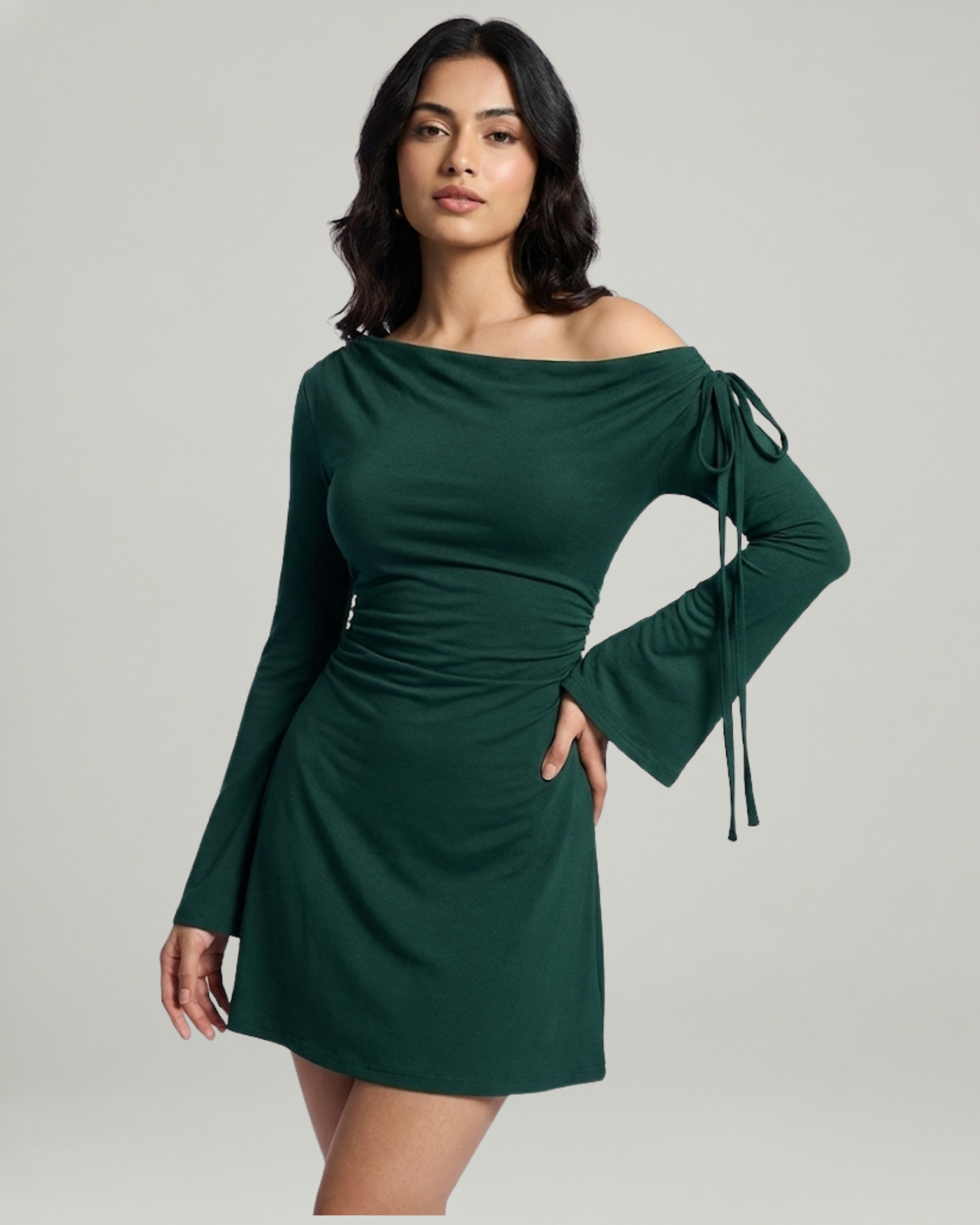 Asymmetrical Ruched Mini Dress with Knot Detail-Dark Green