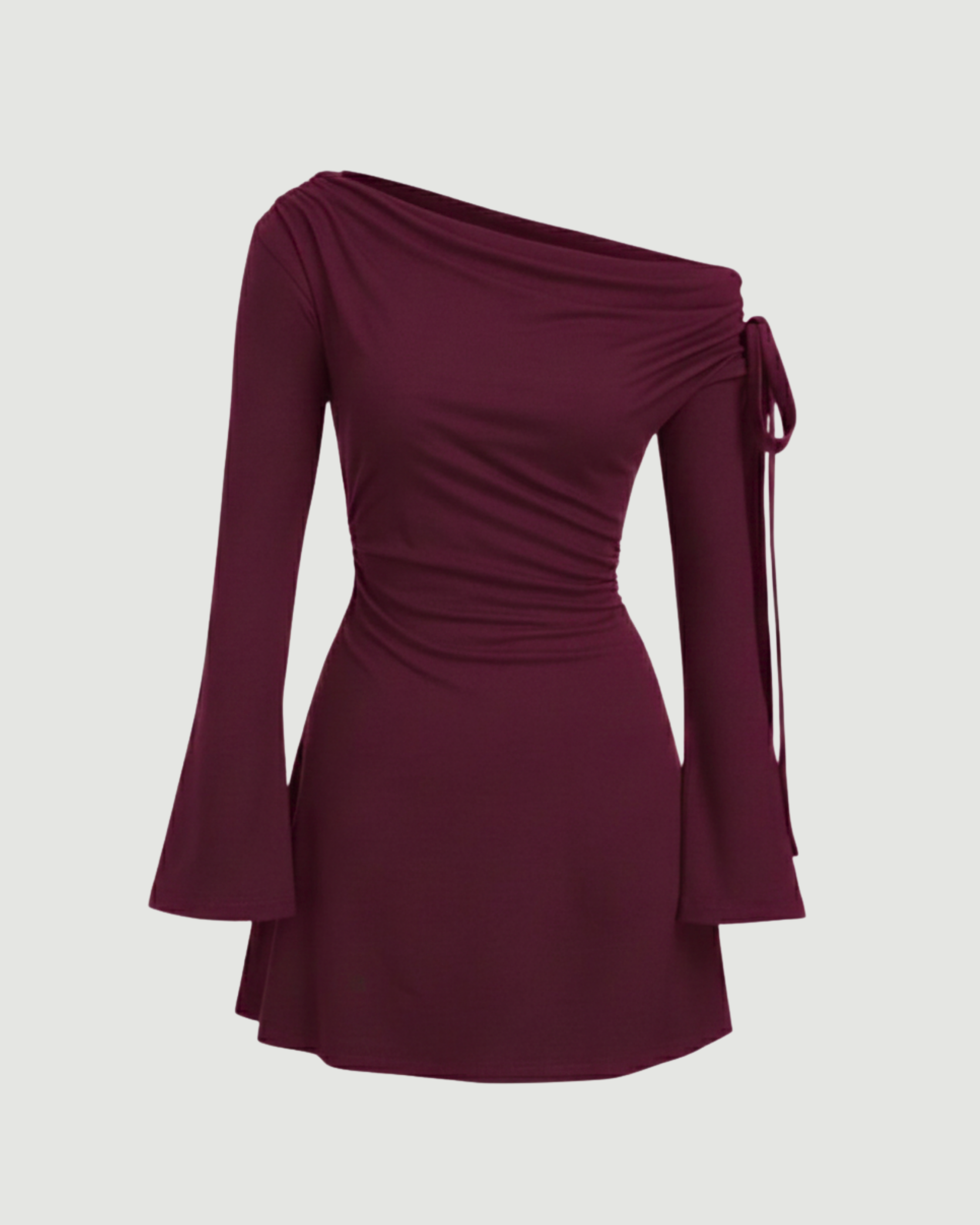 Asymmetrical Ruched Mini Dress with Knot Detail-Maroon