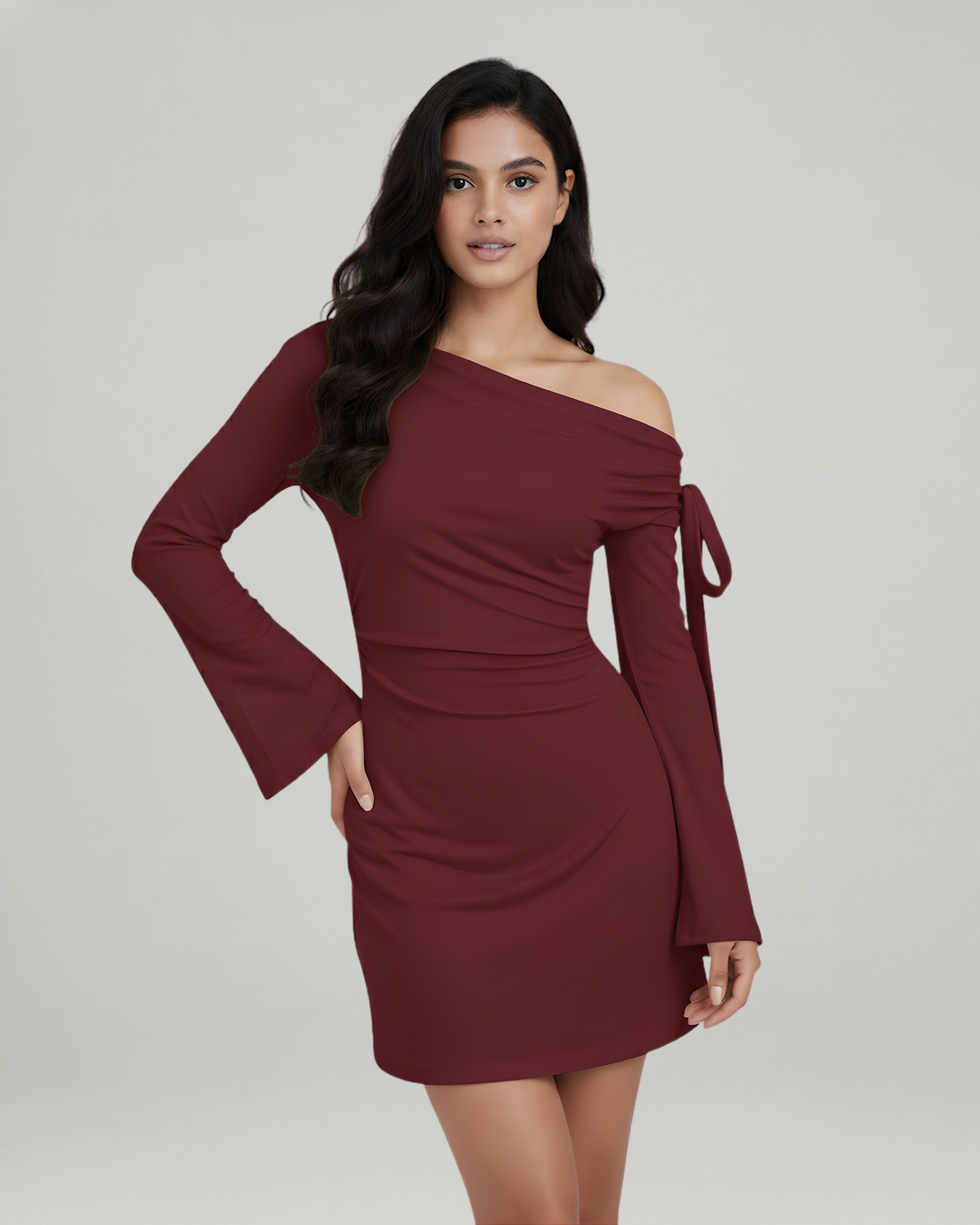 Asymmetrical Ruched Mini Dress with Knot Detail-Maroon