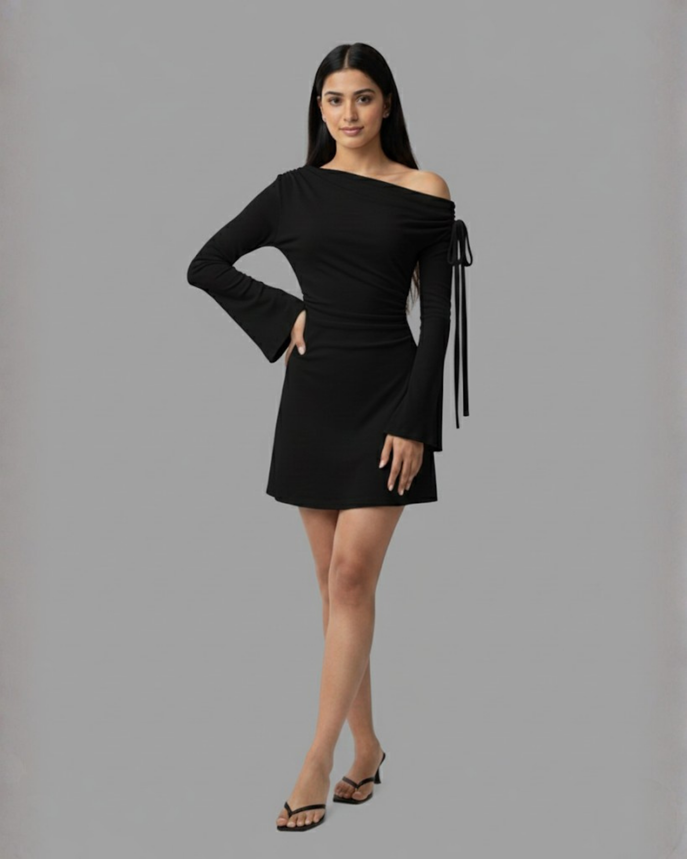 Asymmetrical Ruched Mini Dress with Knot Detail - Black