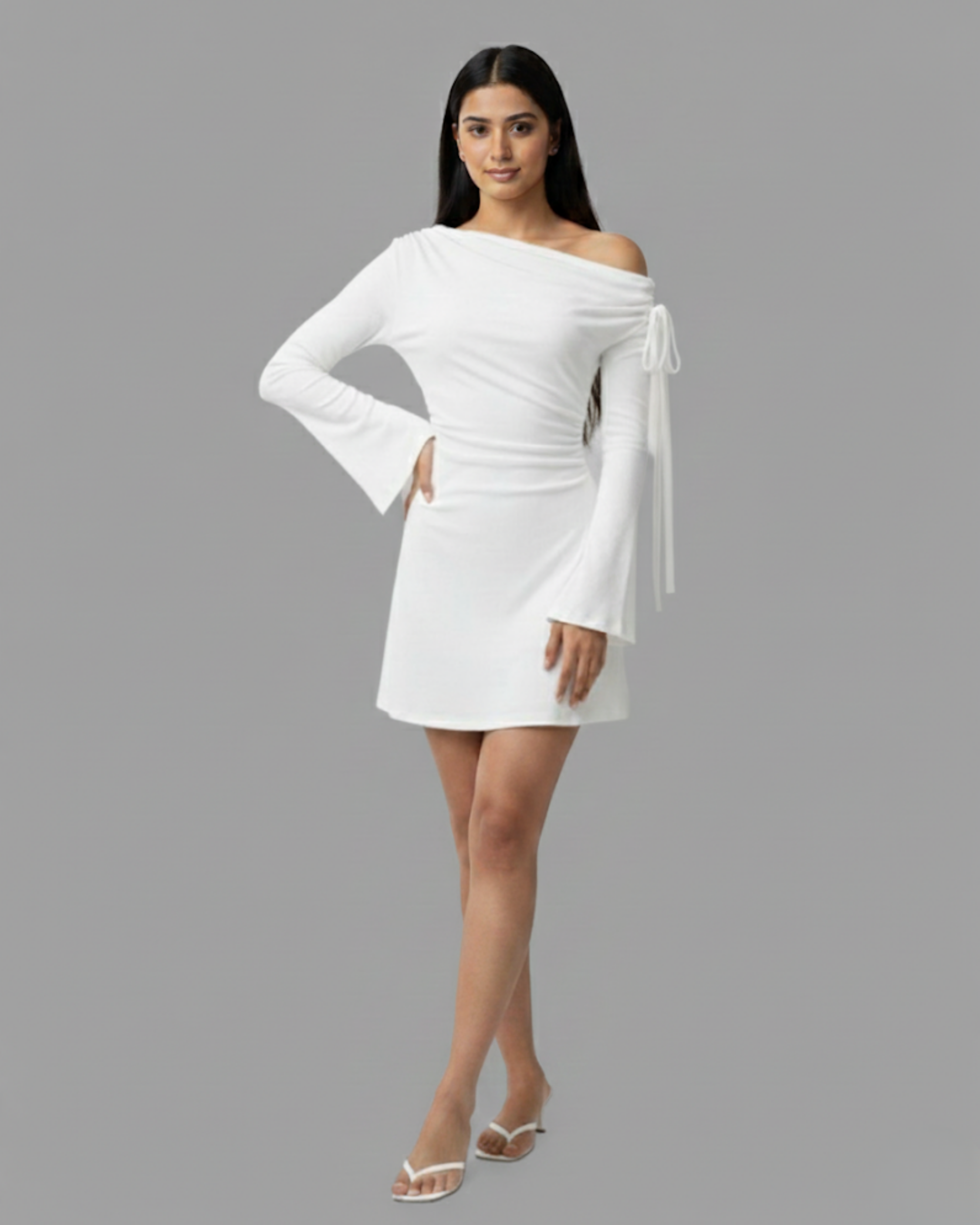 Asymmetrical Ruched Mini Dress with Knot Detail - White