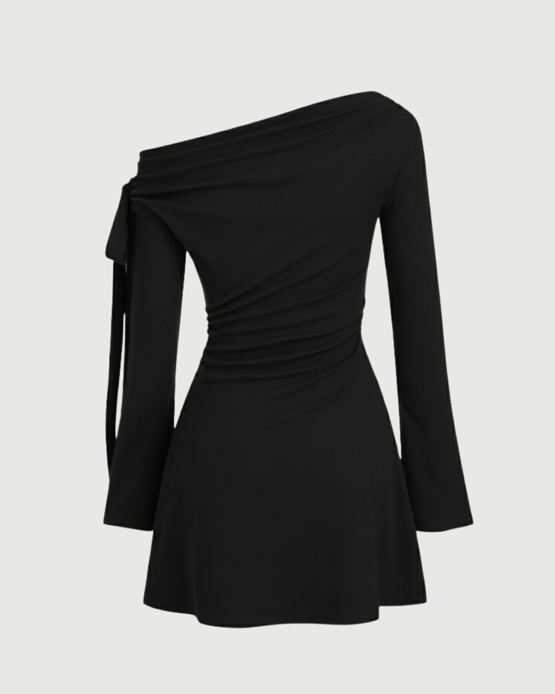 Asymmetrical Ruched Mini Dress with Knot Detail - Black