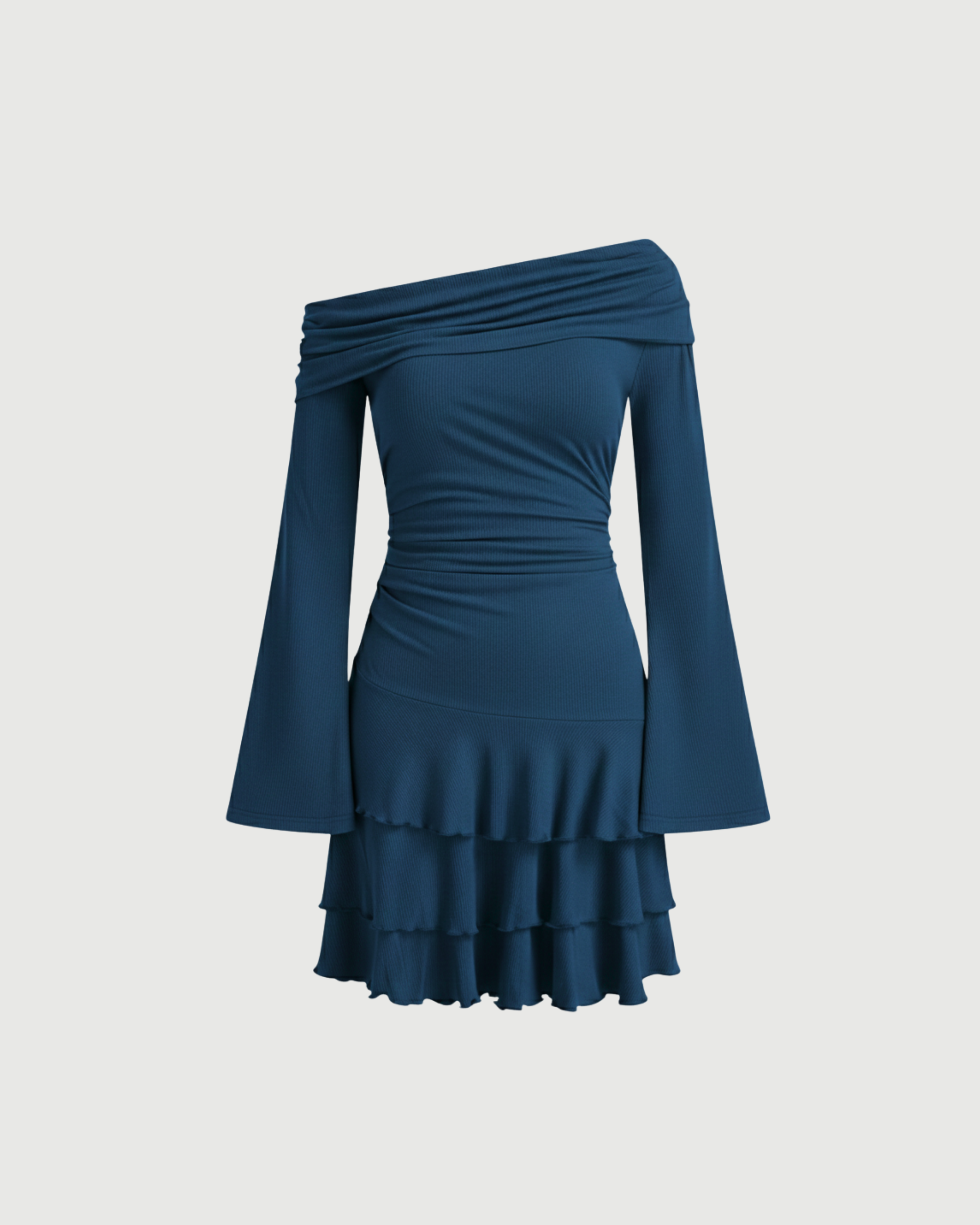 Layered Ruched Mini Dress with Asymmetrical Neckline-Blue