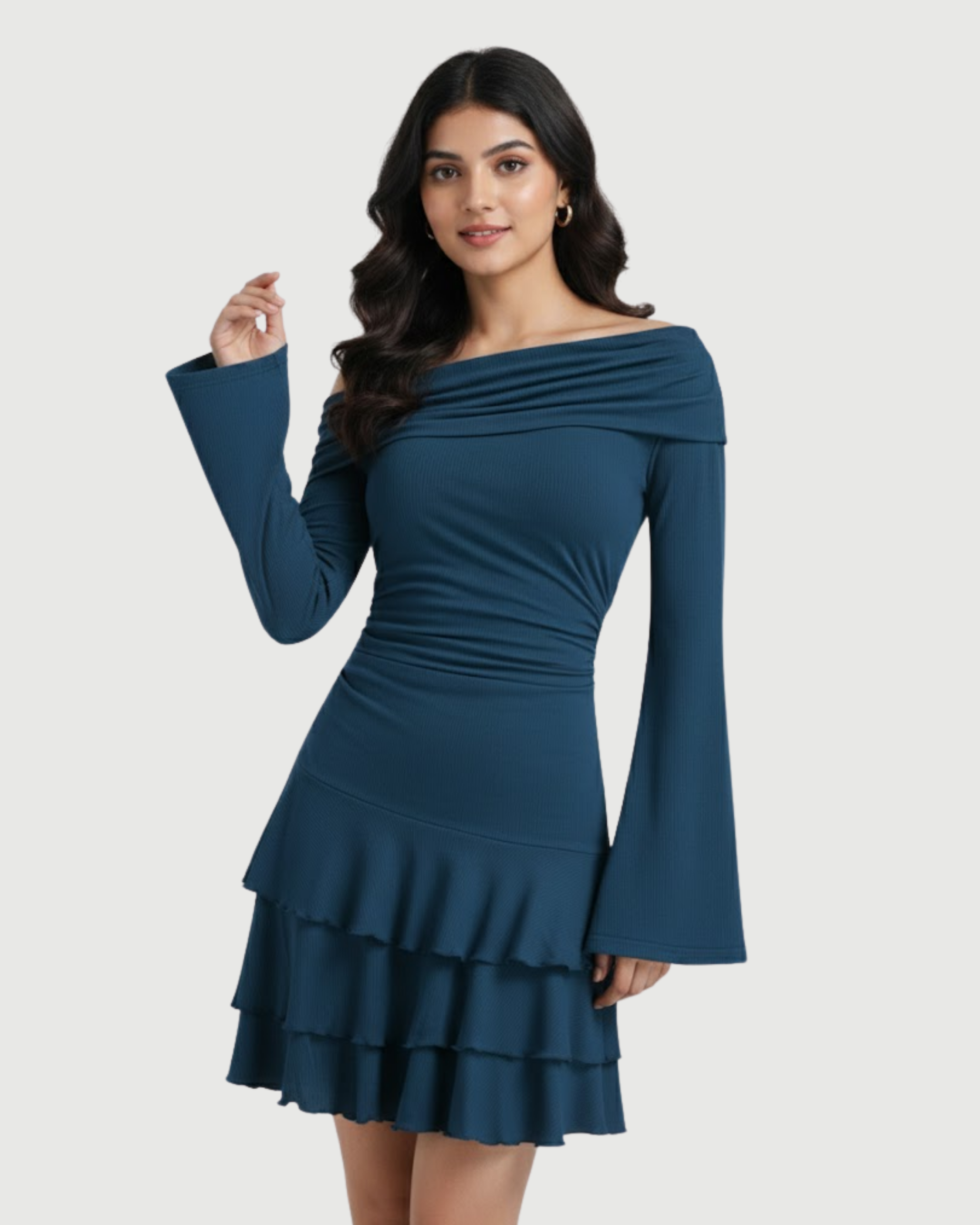 Layered Ruched Mini Dress with Asymmetrical Neckline-Blue