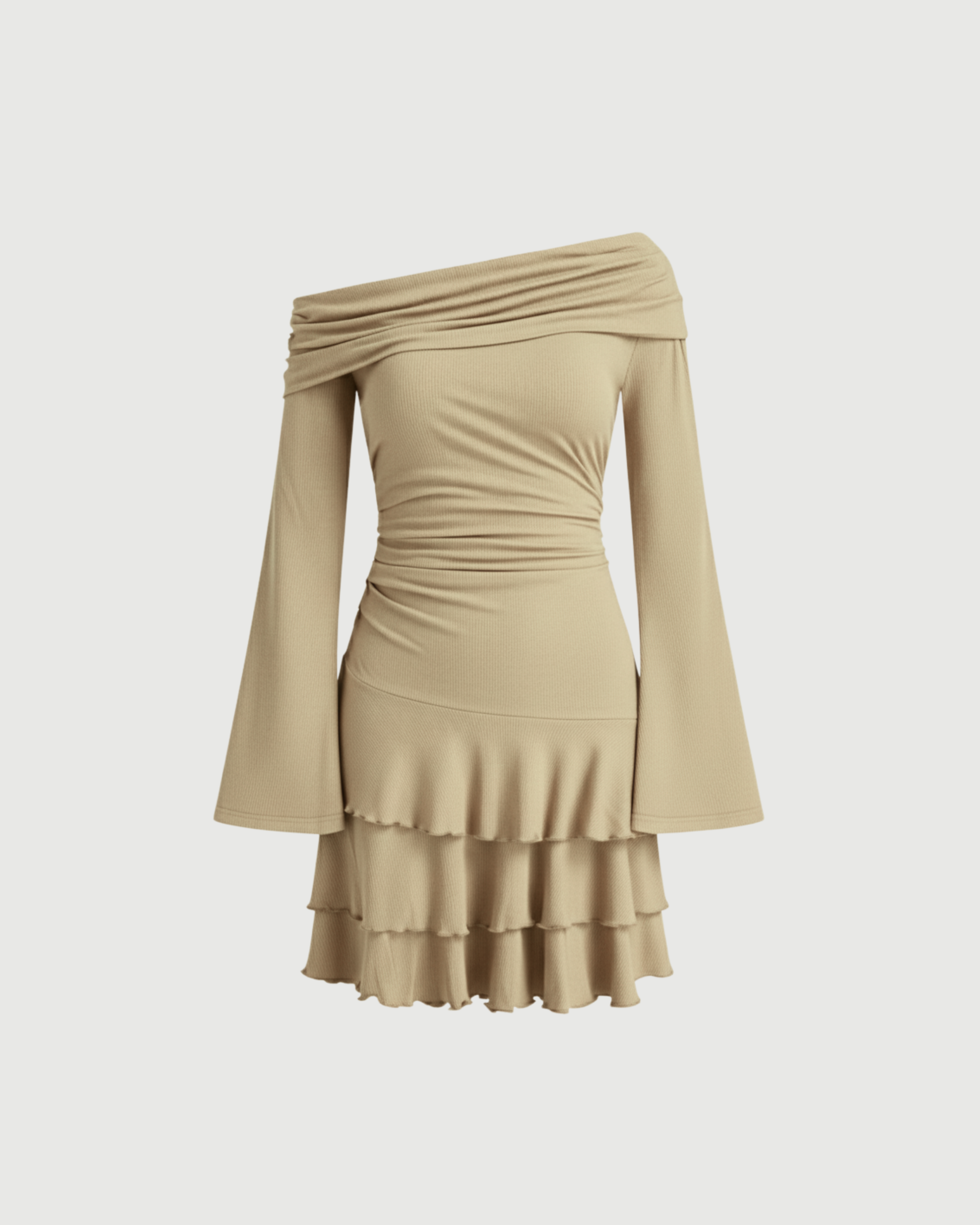 Layered Ruched Mini Dress with Asymmetrical Neckline-Cream