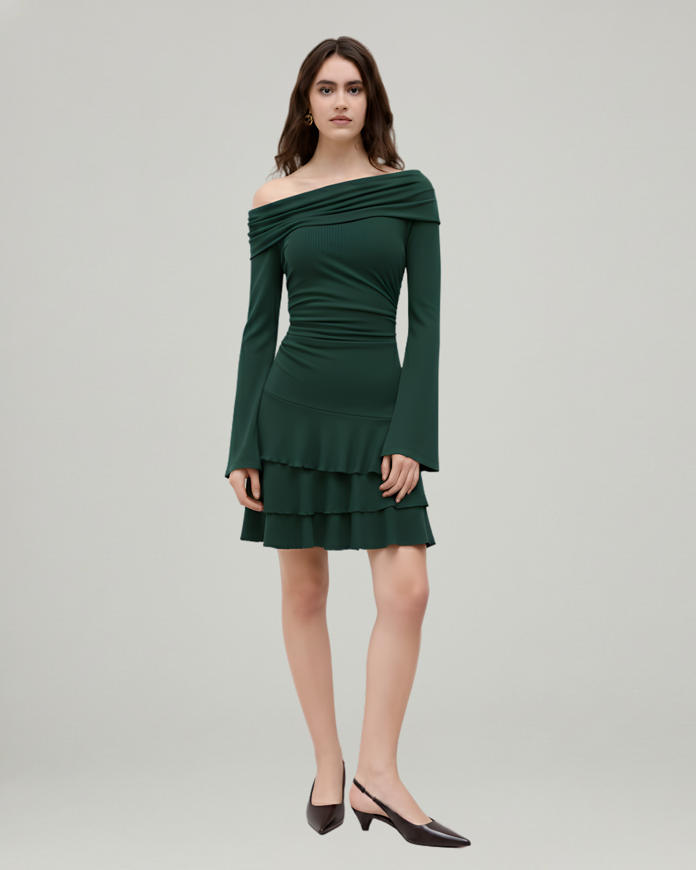 Layered Ruched Mini Dress with Asymmetrical Neckline-Dark Green