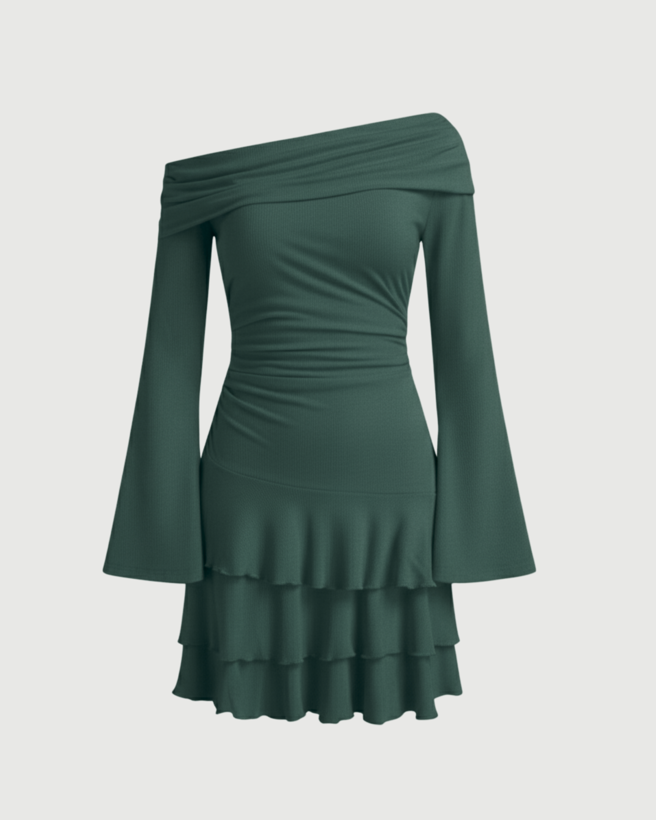 Layered Ruched Mini Dress with Asymmetrical Neckline-Dark Green