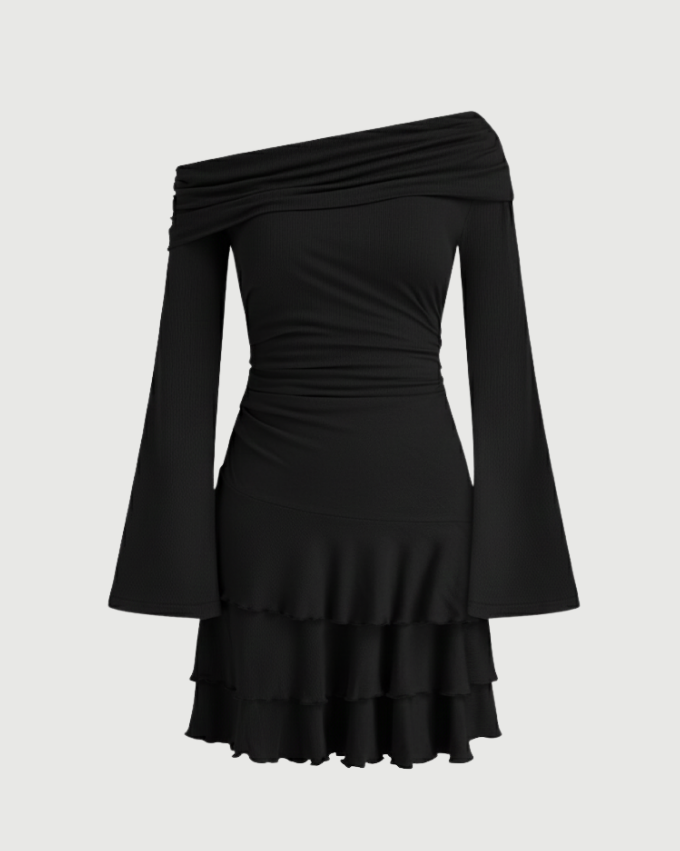 Layered Ruched Mini Dress with Asymmetrical Neckline - Black