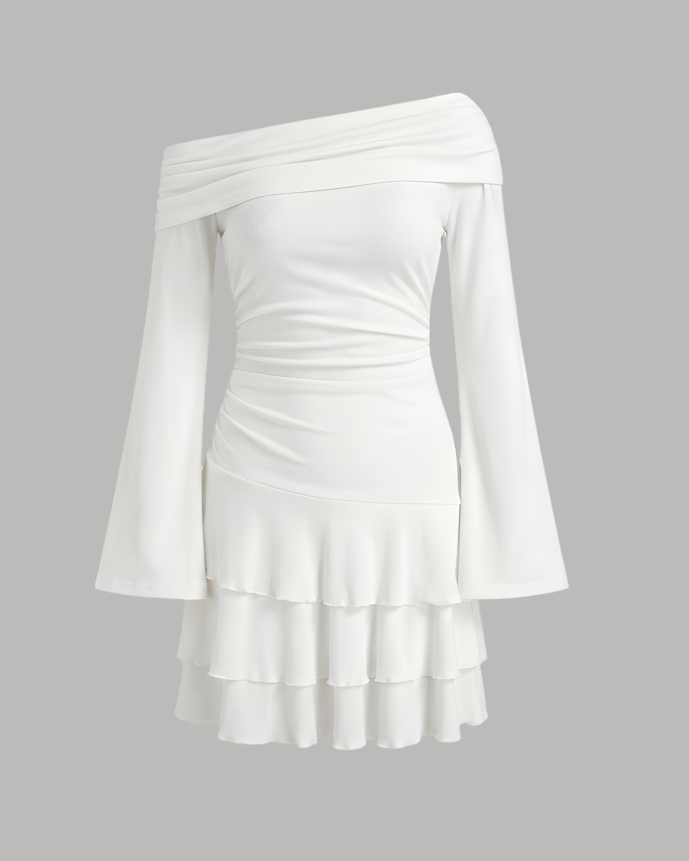 Layered Ruched Mini Dress with Asymmetrical Neckline - White