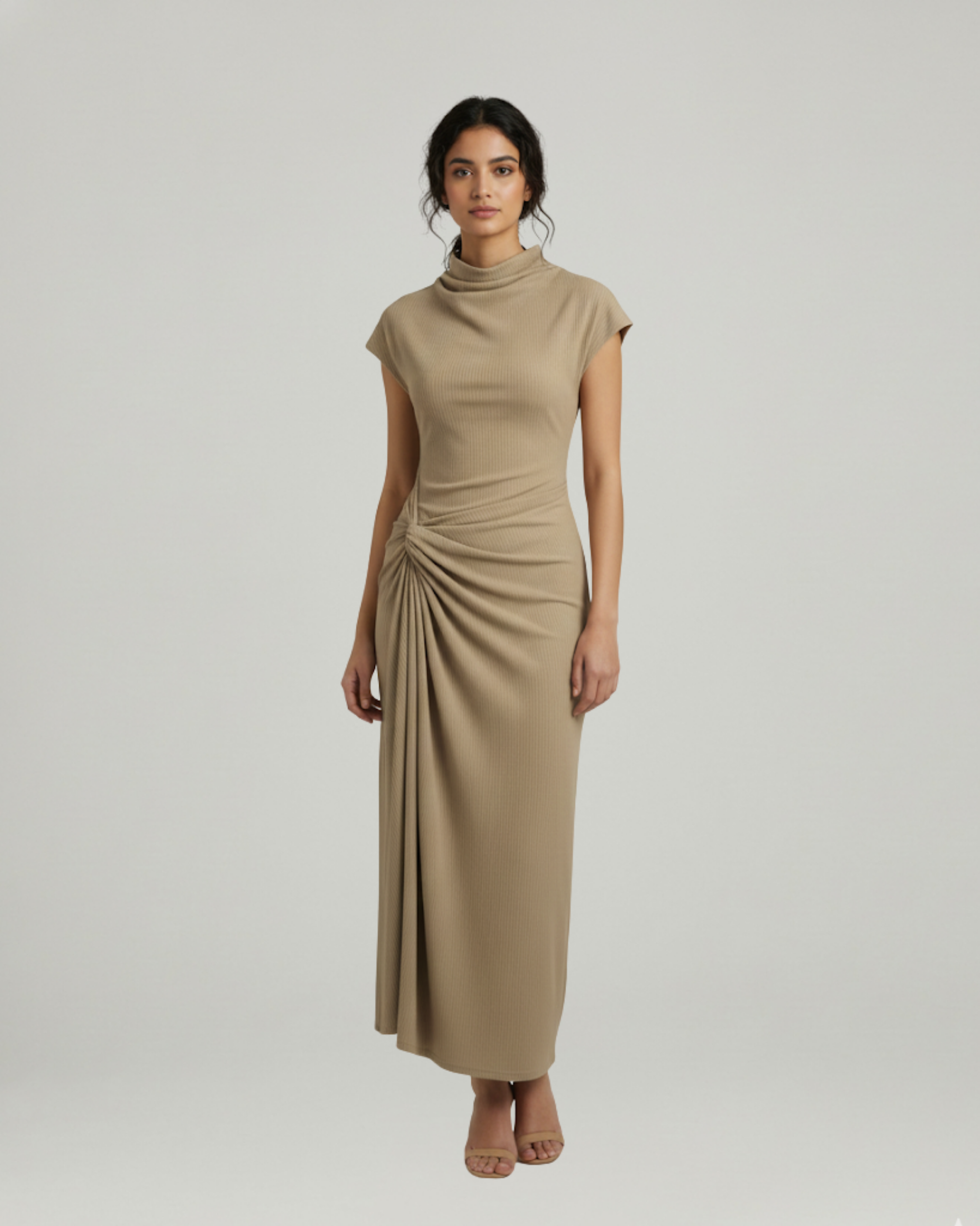 High-Neck Ruched Maxi Dress-Cream