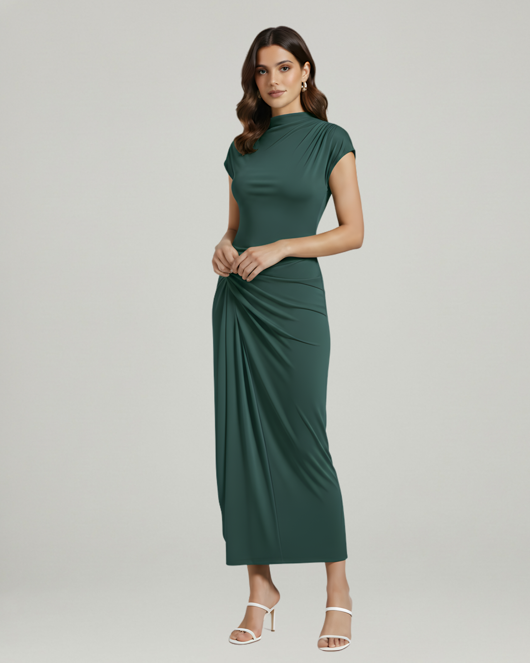 High-Neck Ruched Maxi Dress-Dark Green