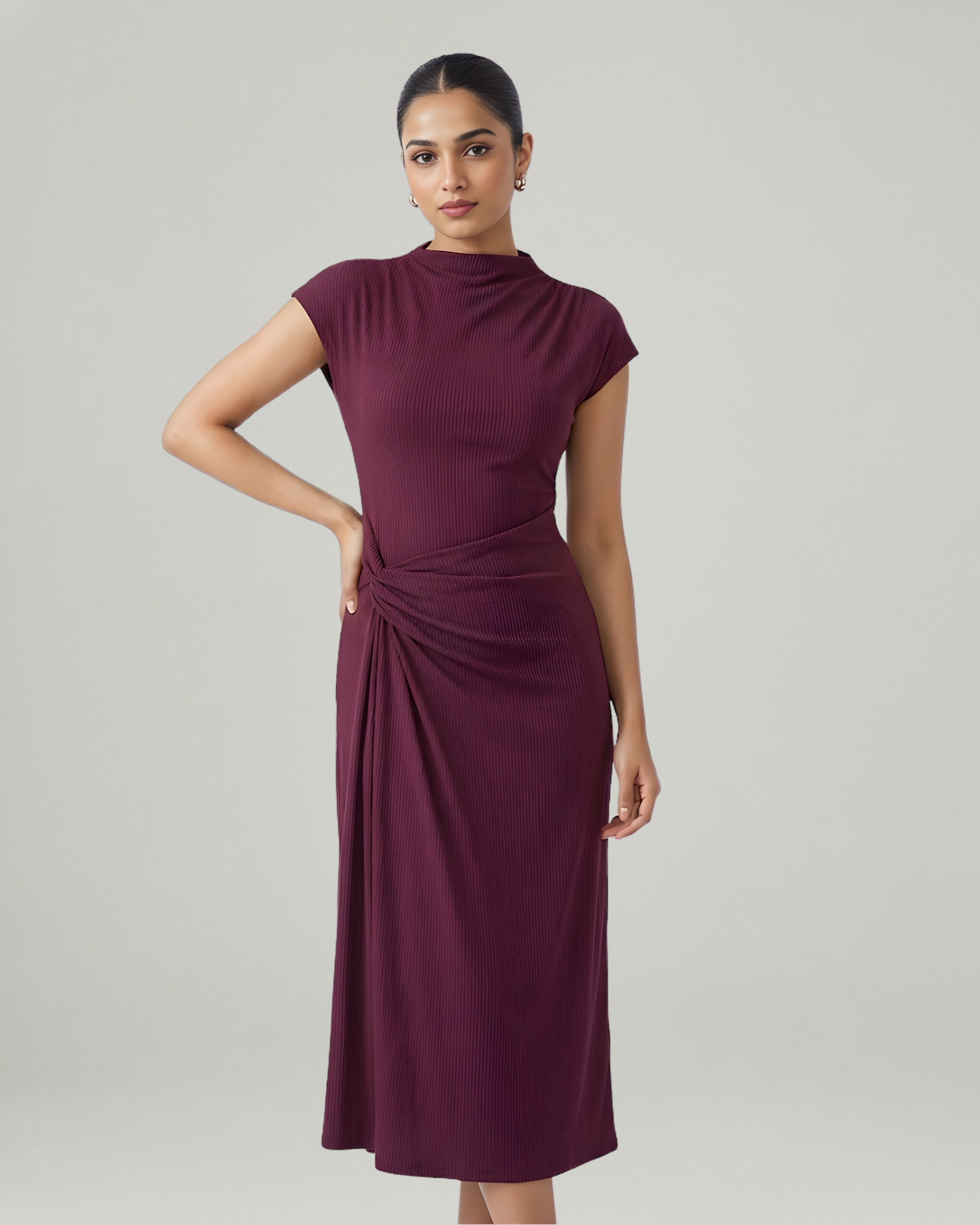 High-Neck Ruched Maxi Dress-Maroon