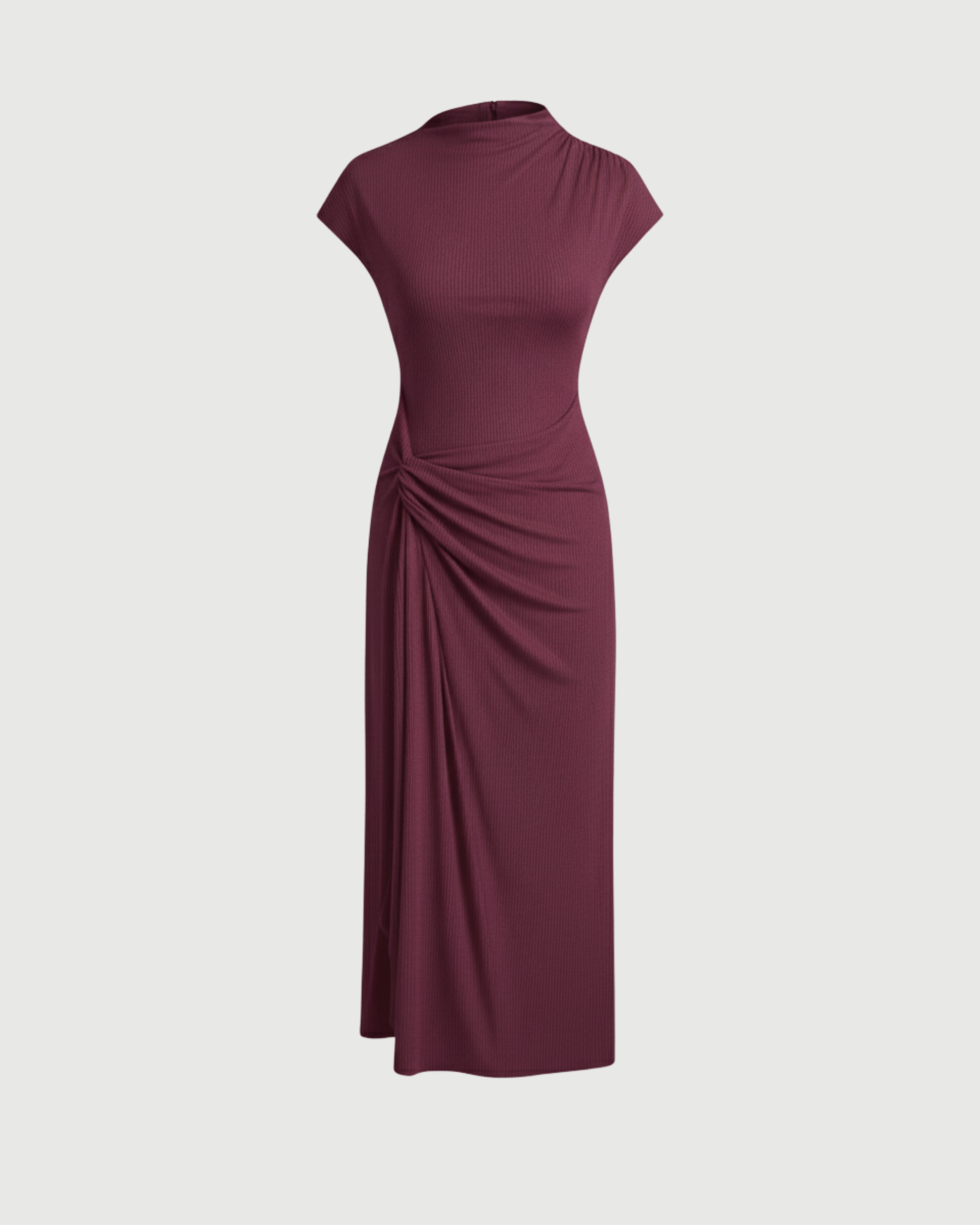 High-Neck Ruched Maxi Dress-Maroon