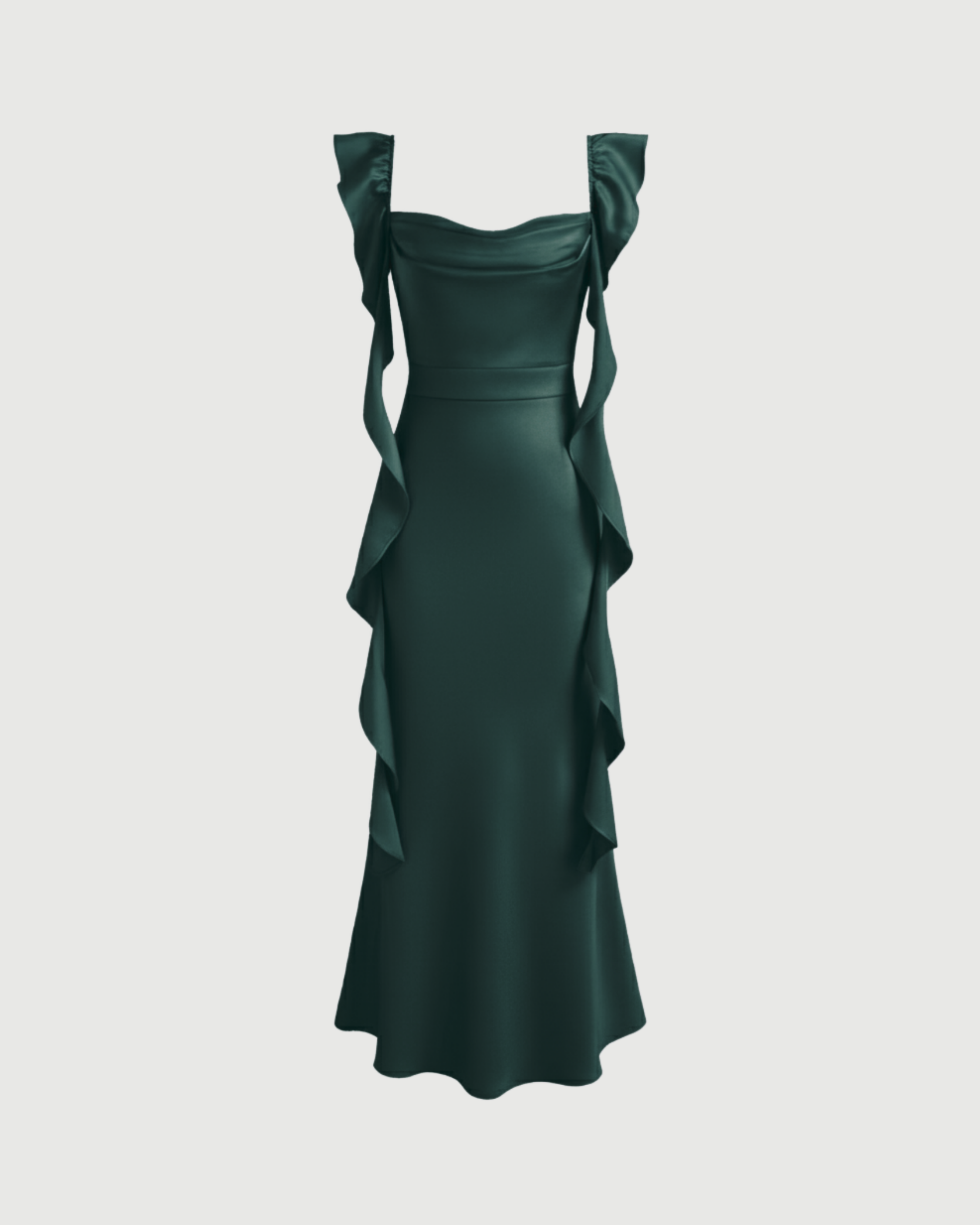 Satin Maxi Dress with Cowl Neck and Ruffle Hem-Dark Green