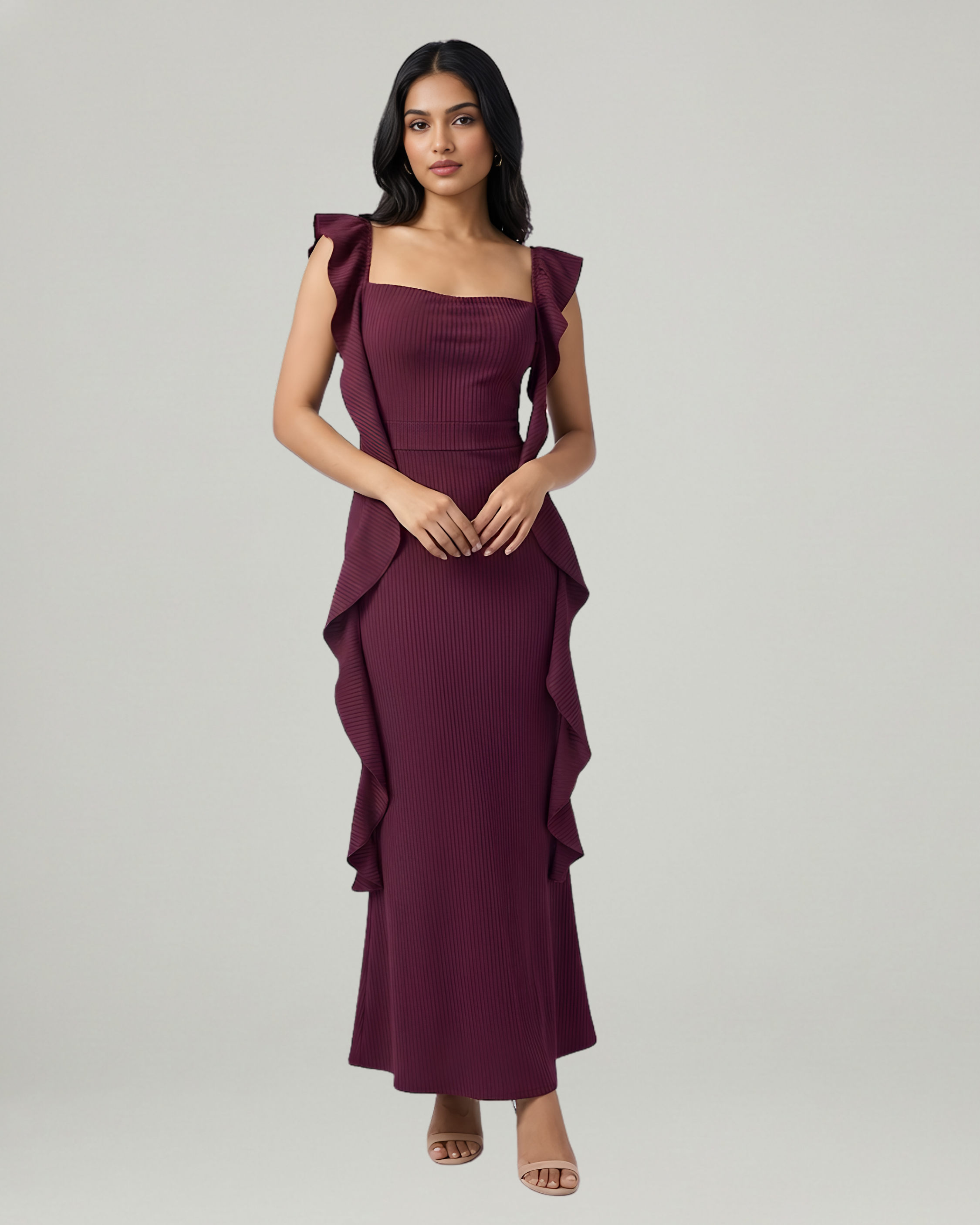 Satin Maxi Dress with Cowl Neck and Ruffle Hem-Maroon