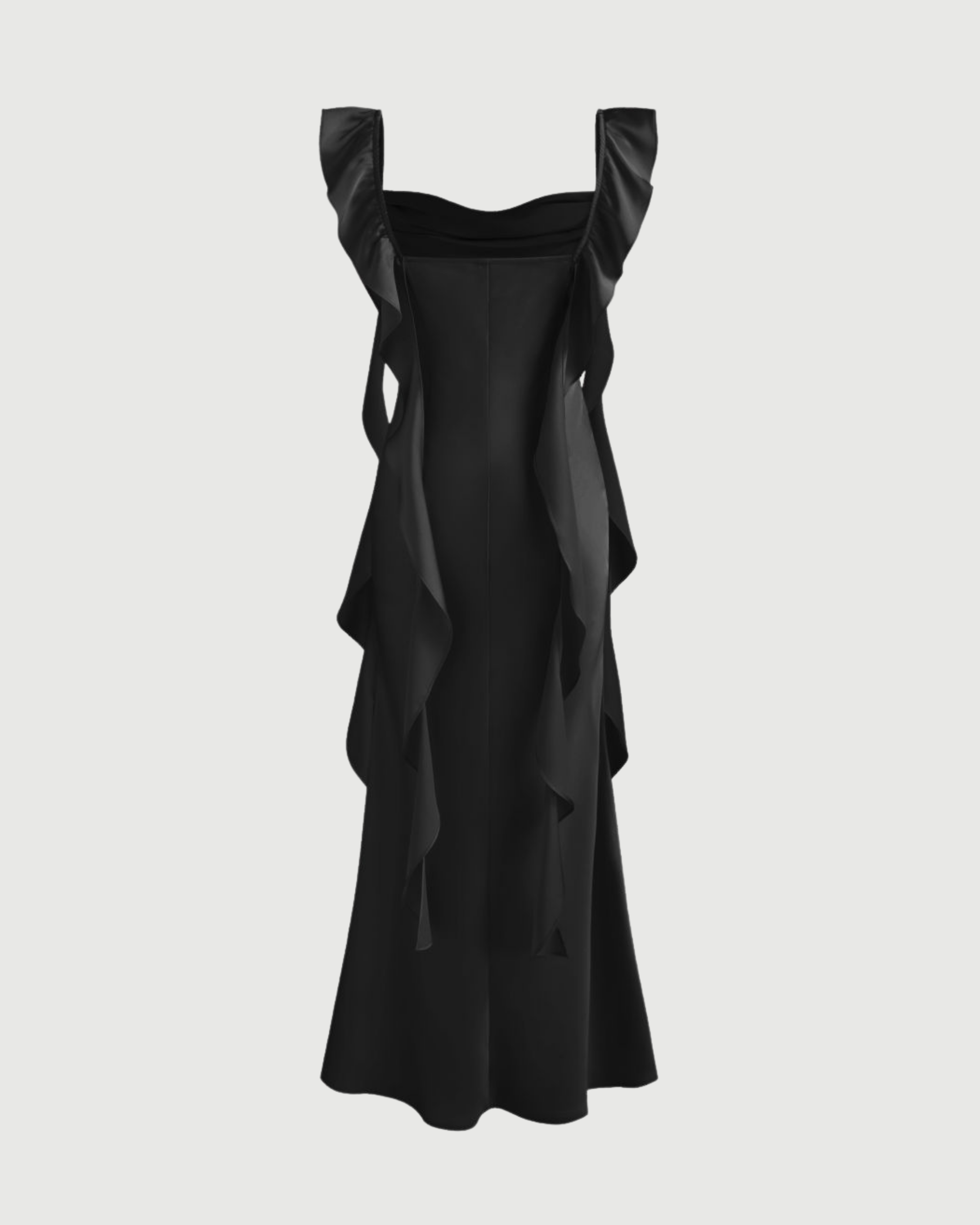 Satin Maxi Dress with Cowl Neck and Ruffle Hem - Black