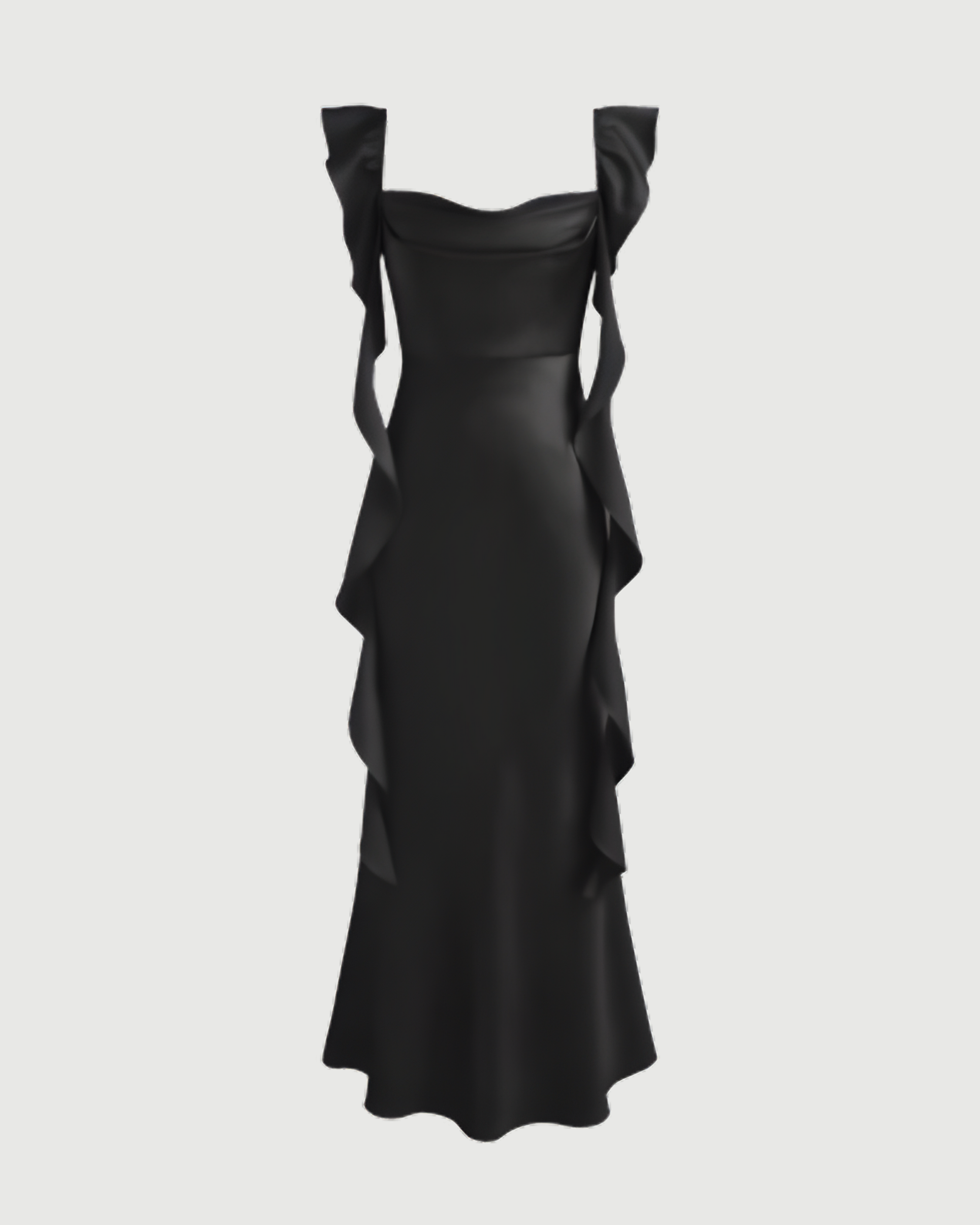 Satin Maxi Dress with Cowl Neck and Ruffle Hem - Black