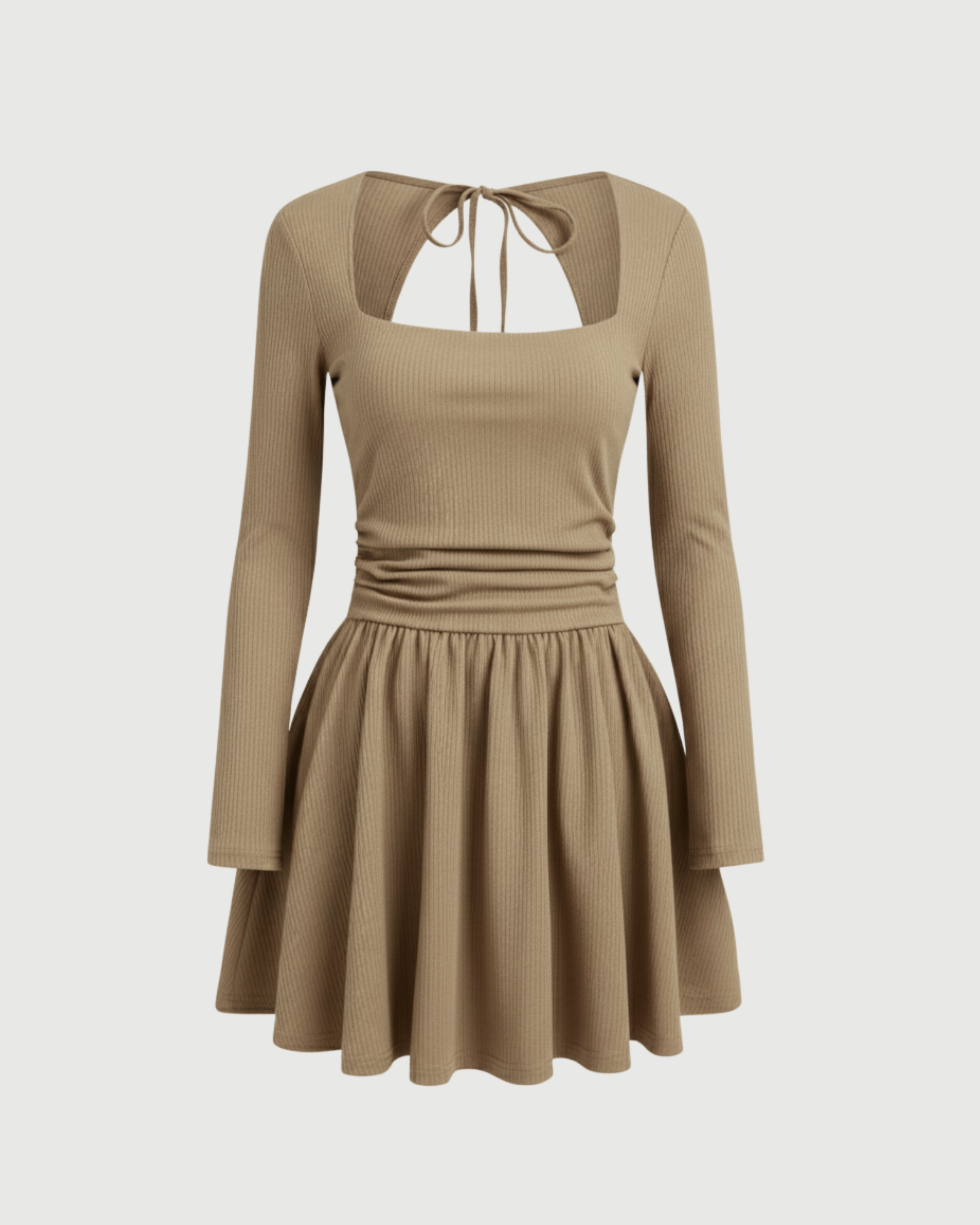 Cut-Out Knotted Mini Dress with Square Neckline-Cream