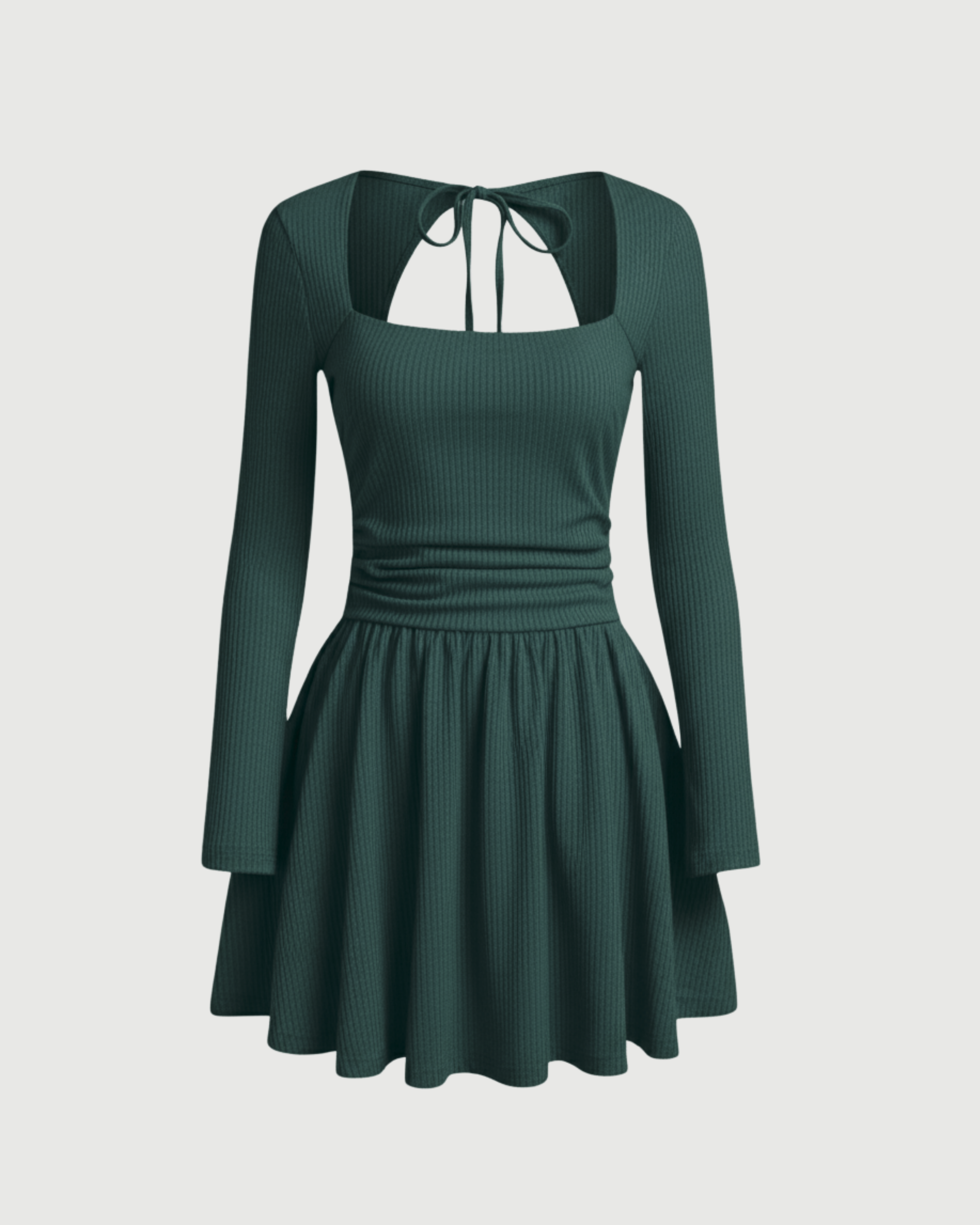 Cut-Out Knotted Mini Dress with Square Neckline-Dark Green