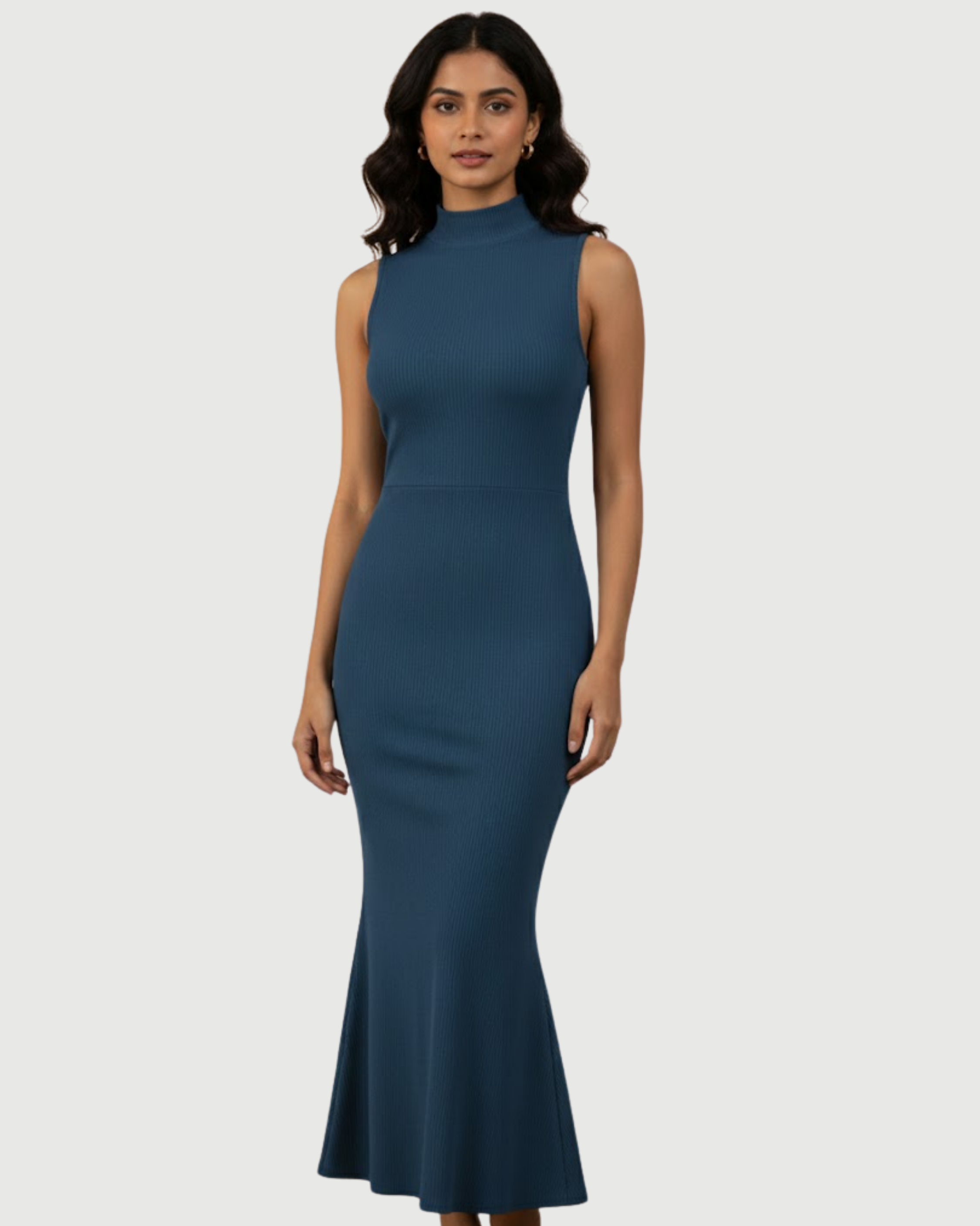 High-Neck Mermaid Silhouette Maxi Dress-Blue