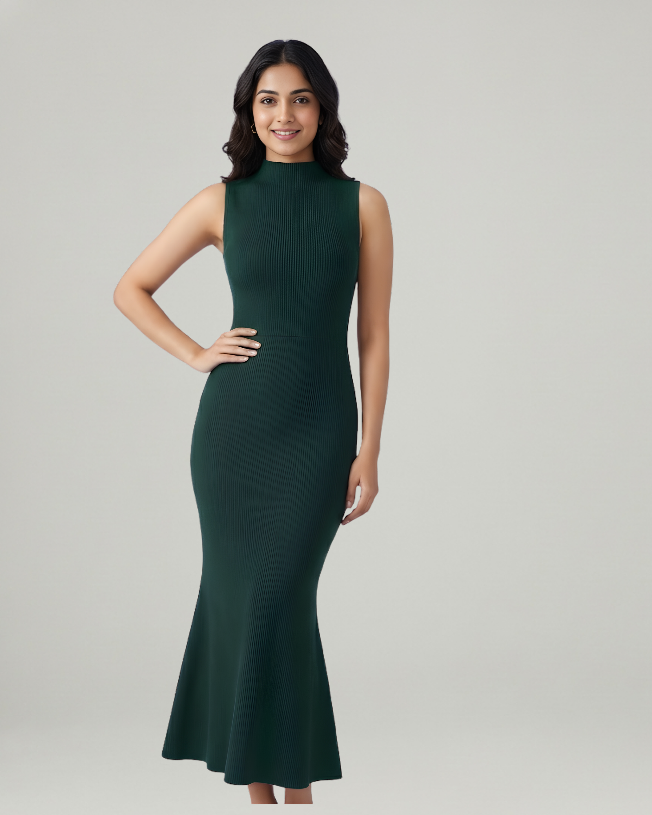 High-Neck Mermaid Silhouette Maxi Dress-Dark Green