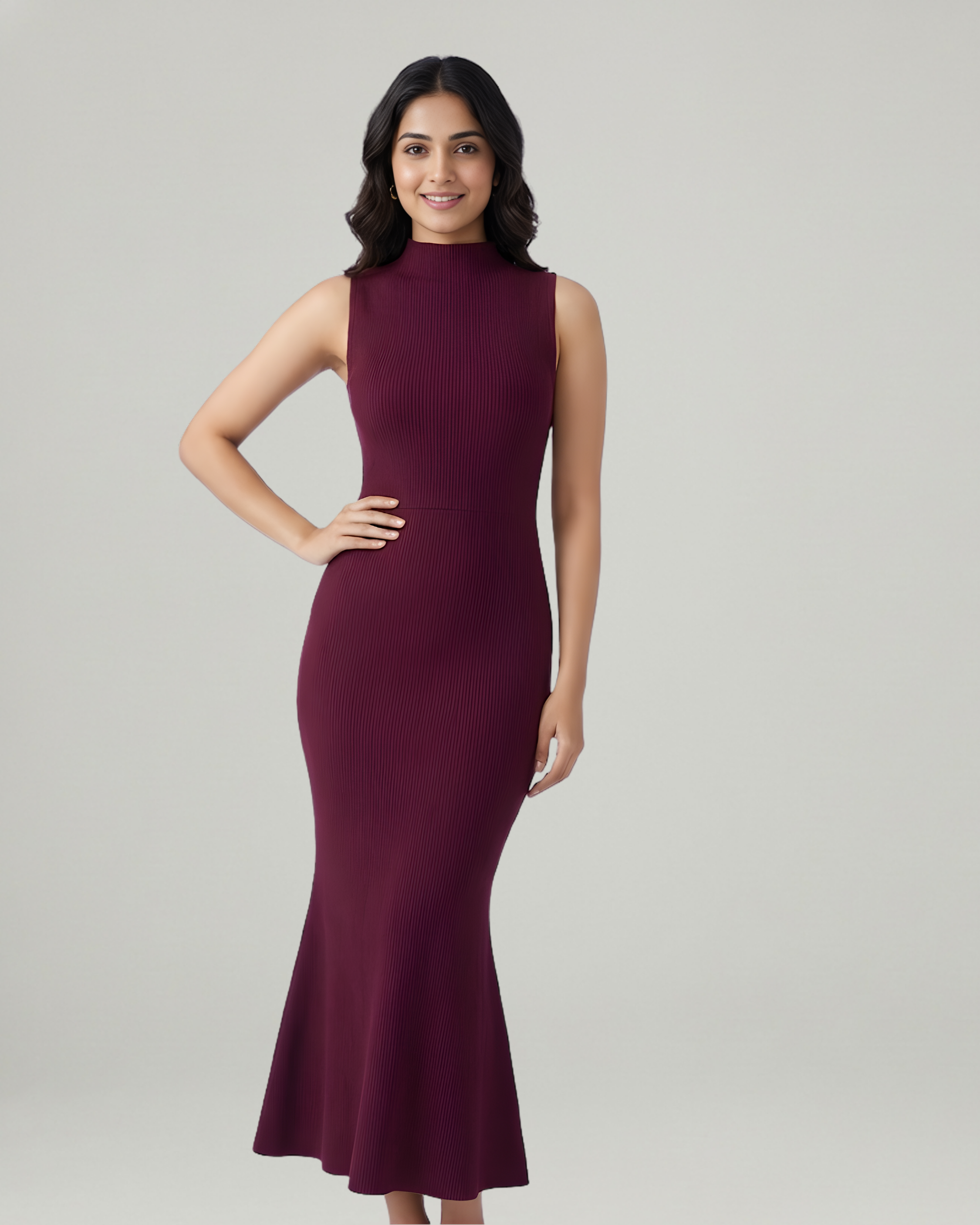 High-Neck Mermaid Silhouette Maxi Dress-Maroon
