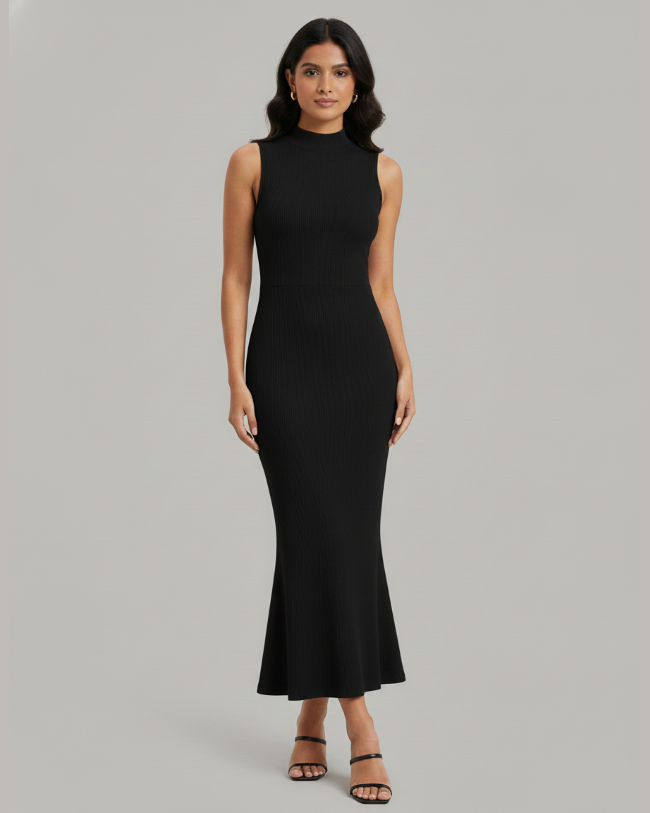 High-Neck Mermaid Silhouette Maxi Dress - Black