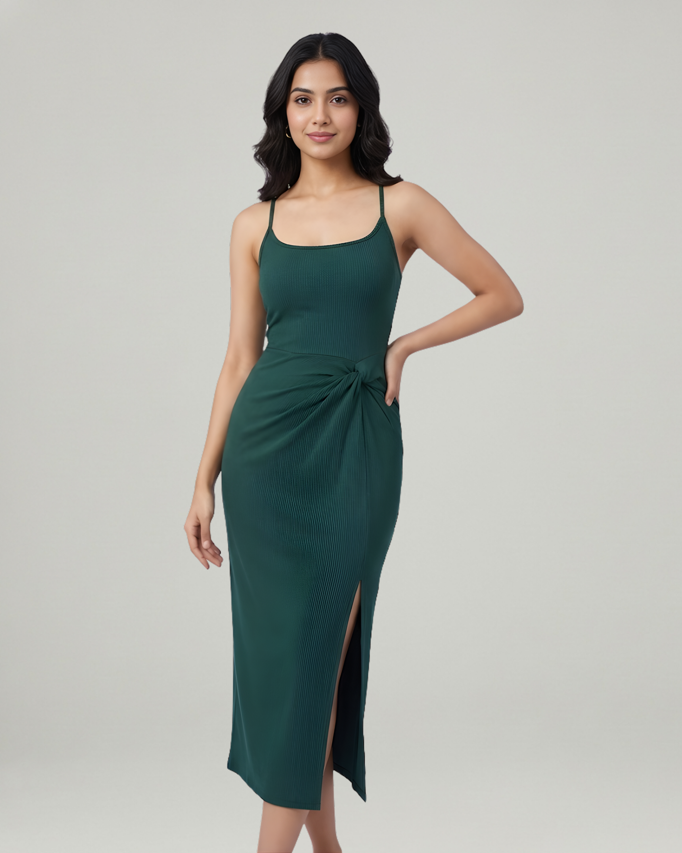 Criss-Cross Twist U-Neck Maxi Dress-Dark Green