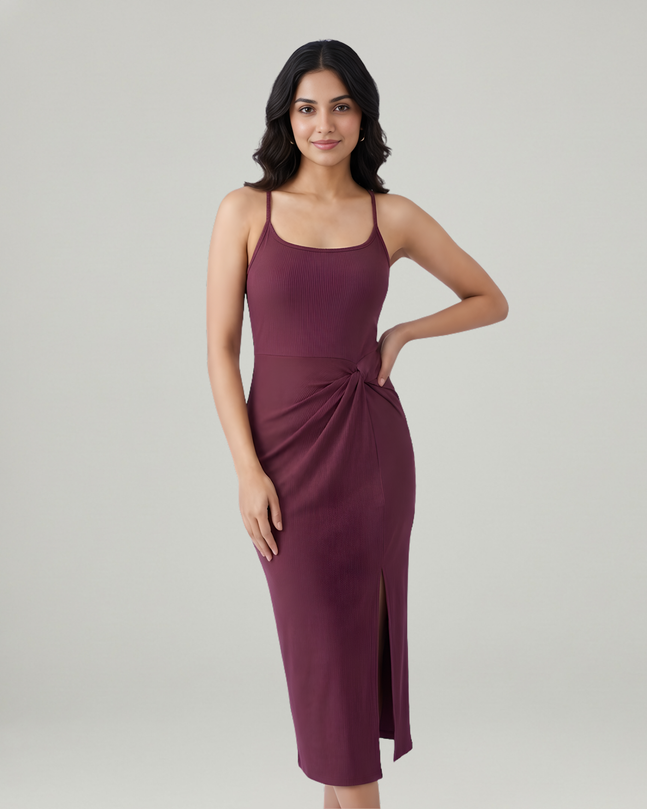 Criss-Cross Twist U-Neck Maxi Dress-Maroon
